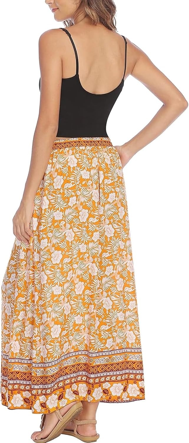 image:imageZeagoo Womens 2026 Boho Floral Skirt Casual Elastic High Waist Maxi Skirts Flowy A Line Beach Long Skirt with Side PocketsYellow Floral