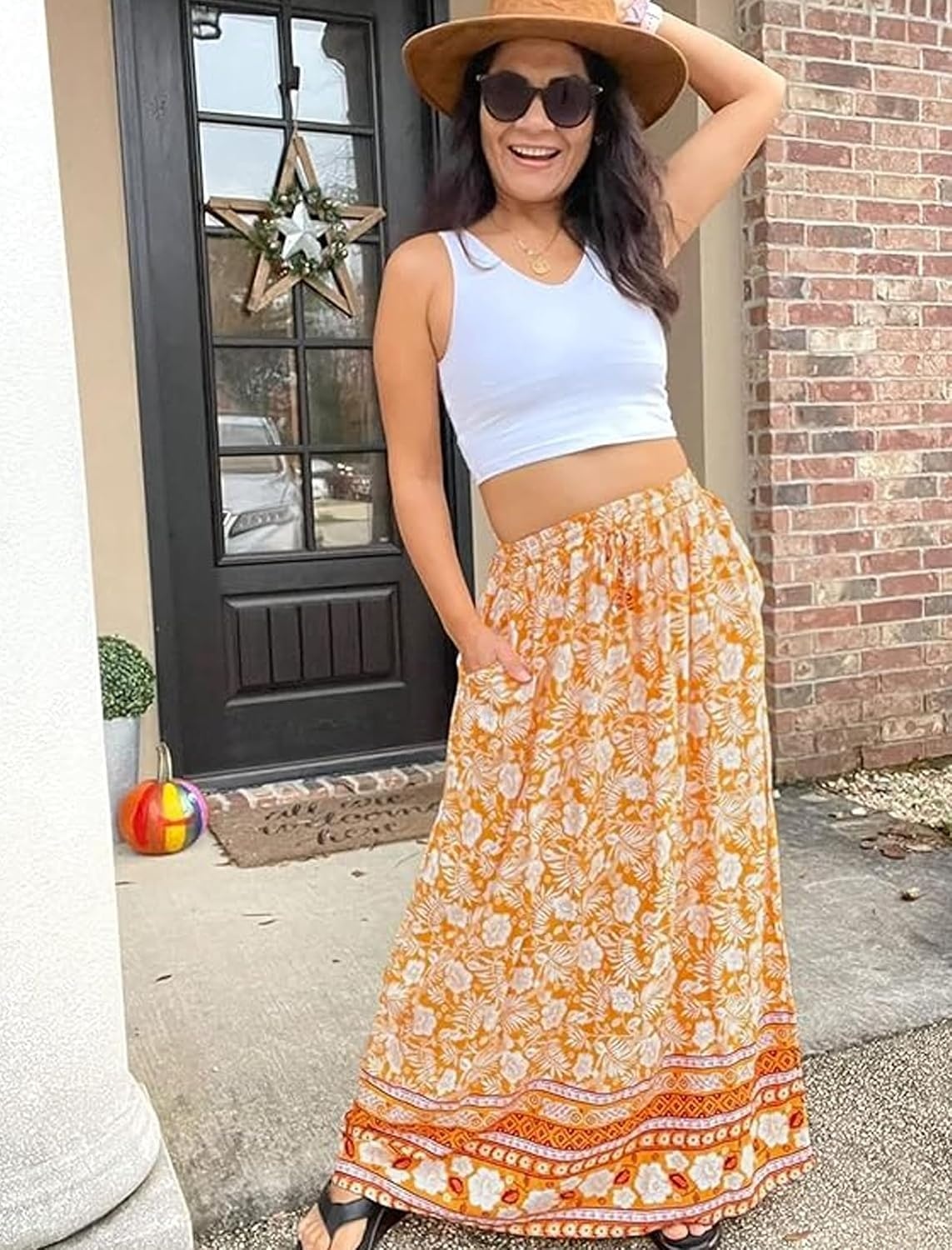 image:imageZeagoo Womens 2026 Boho Floral Skirt Casual Elastic High Waist Maxi Skirts Flowy A Line Beach Long Skirt with Side PocketsYellow Floral