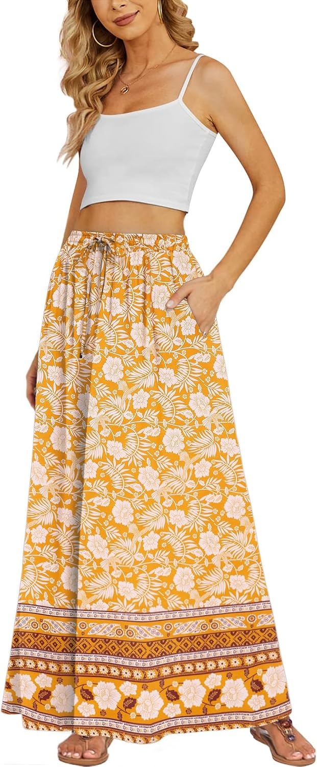 image:imageZeagoo Womens 2026 Boho Floral Skirt Casual Elastic High Waist Maxi Skirts Flowy A Line Beach Long Skirt with Side PocketsYellow Floral
