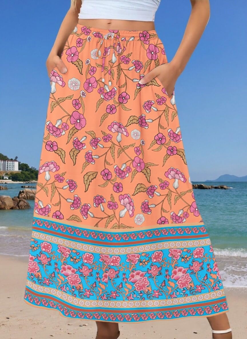 image:imageZeagoo Womens 2026 Boho Floral Skirt Casual Elastic High Waist Maxi Skirts Flowy A Line Beach Long Skirt with Side PocketsYellowgreen