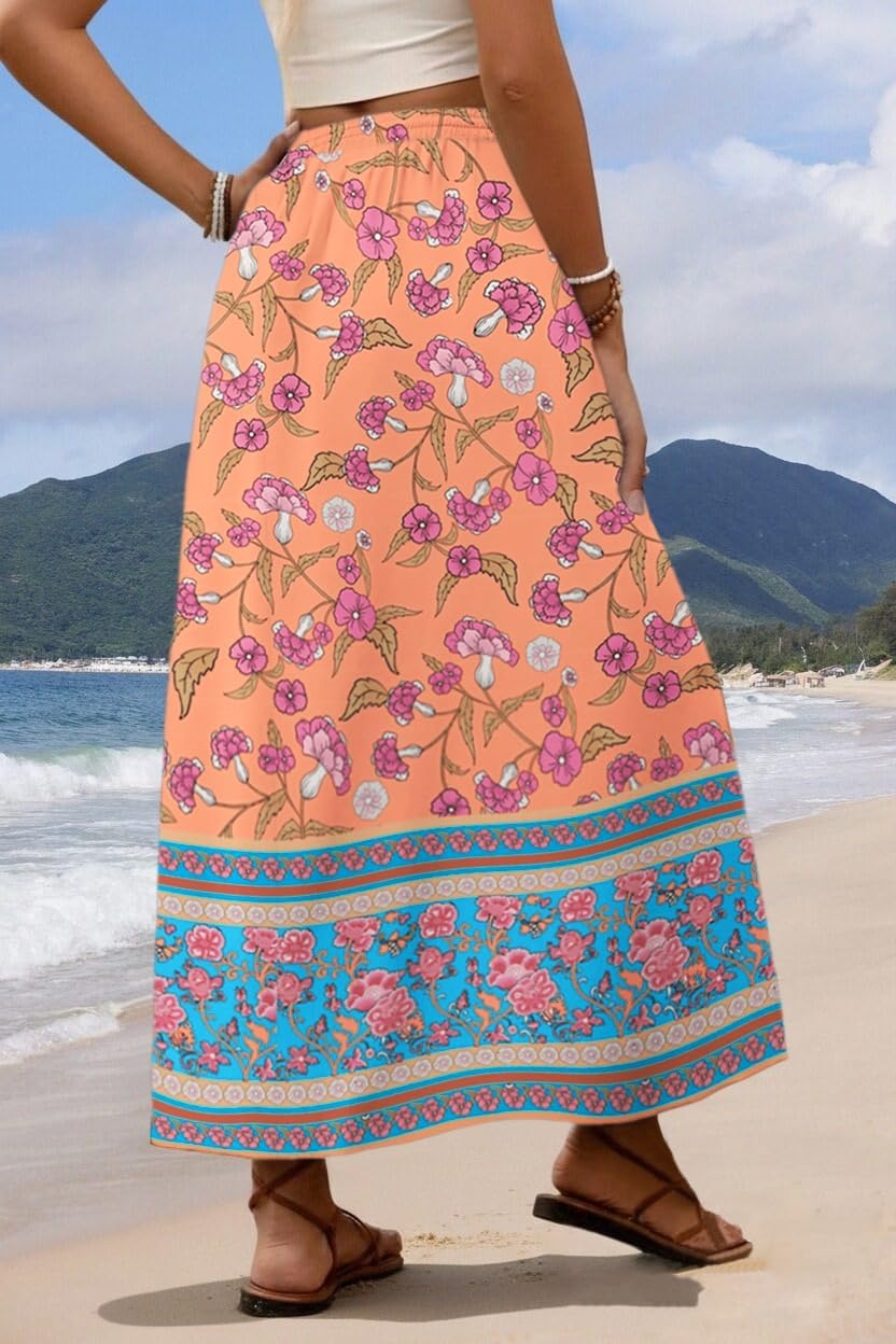 image:imageZeagoo Womens 2026 Boho Floral Skirt Casual Elastic High Waist Maxi Skirts Flowy A Line Beach Long Skirt with Side PocketsYellowgreen