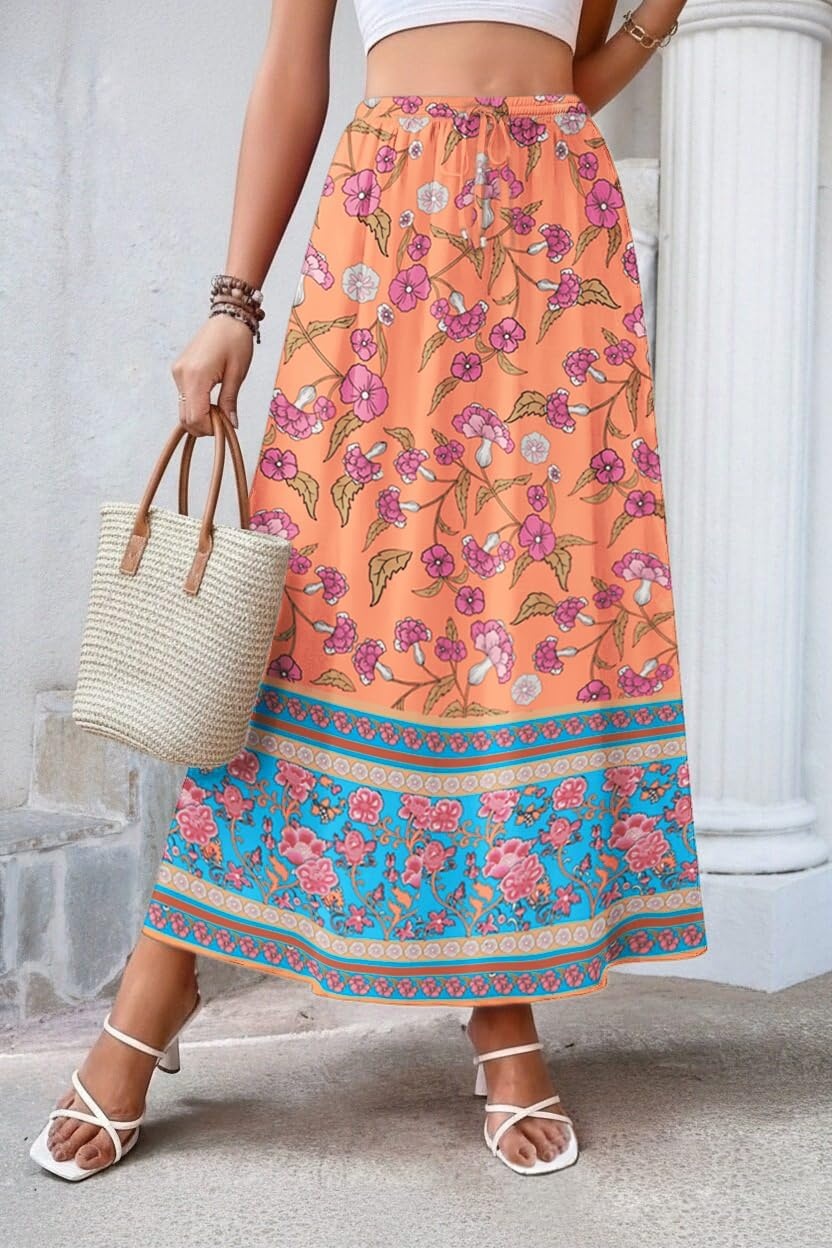 image:imageZeagoo Womens 2026 Boho Floral Skirt Casual Elastic High Waist Maxi Skirts Flowy A Line Beach Long Skirt with Side PocketsYellowgreen