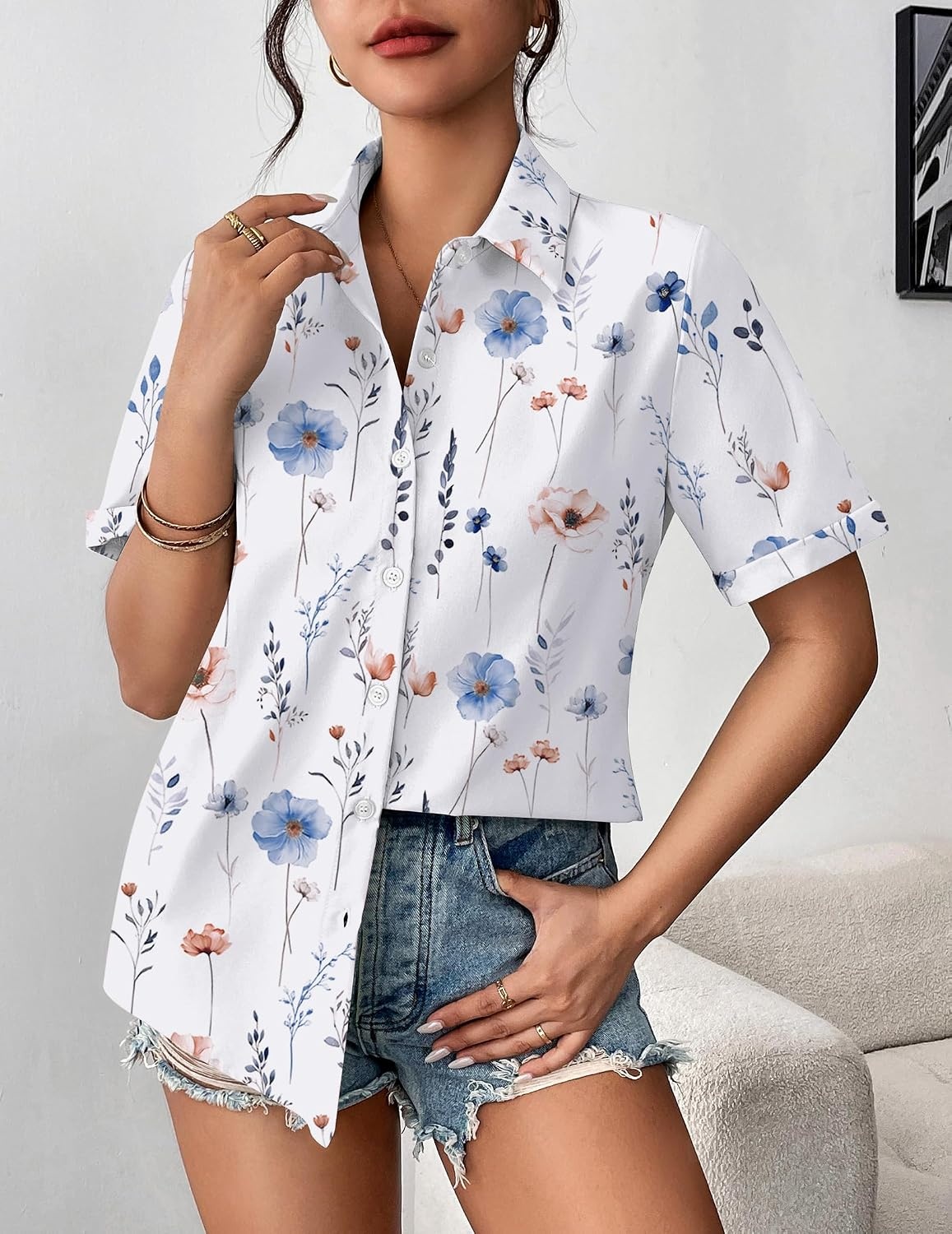image:imageZeagoo Womens Button Down Blouse Rolled Cuffed Short Sleeve Shirts Casual Work Blouse Summer Hawaiian OutfitsBf112