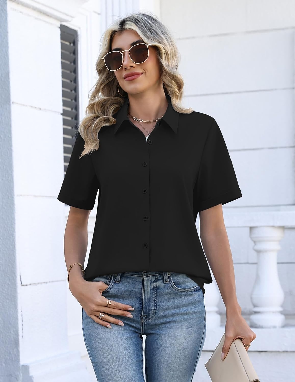 image:imageZeagoo Womens Button Down Blouse Rolled Cuffed Short Sleeve Shirts Casual Work Blouse Summer Hawaiian OutfitsBlack