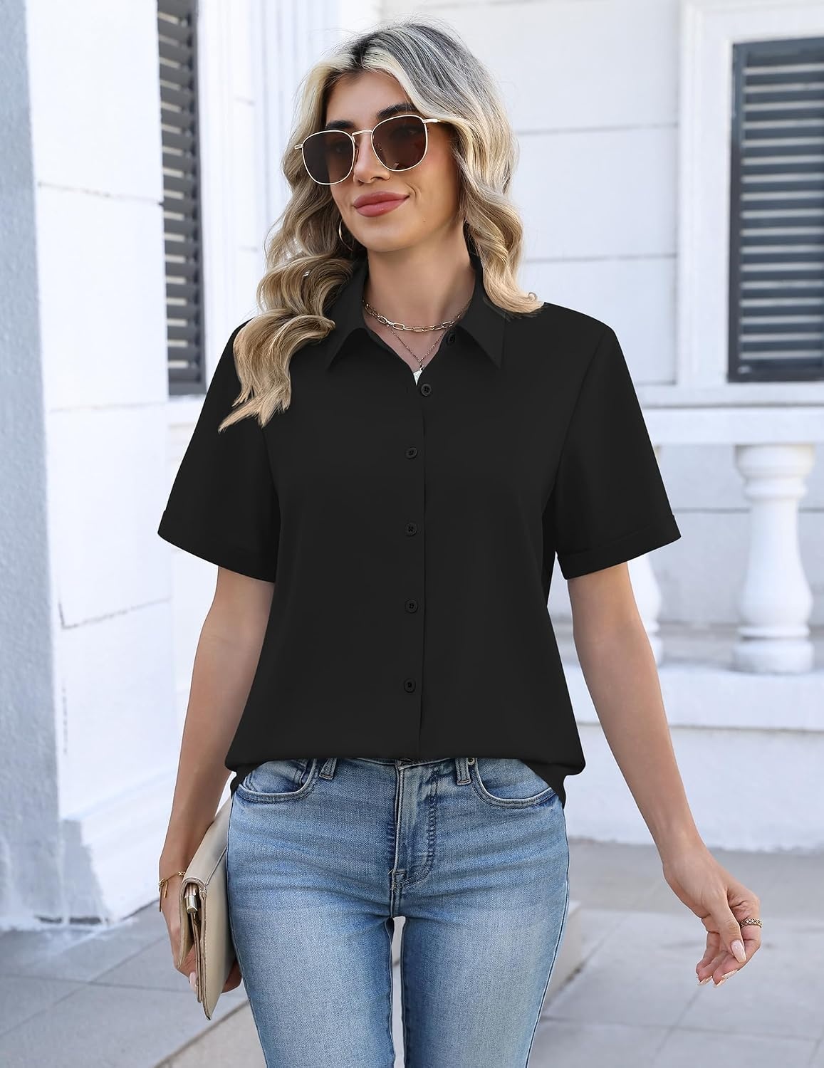 image:imageZeagoo Womens Button Down Blouse Rolled Cuffed Short Sleeve Shirts Casual Work Blouse Summer Hawaiian OutfitsBlack
