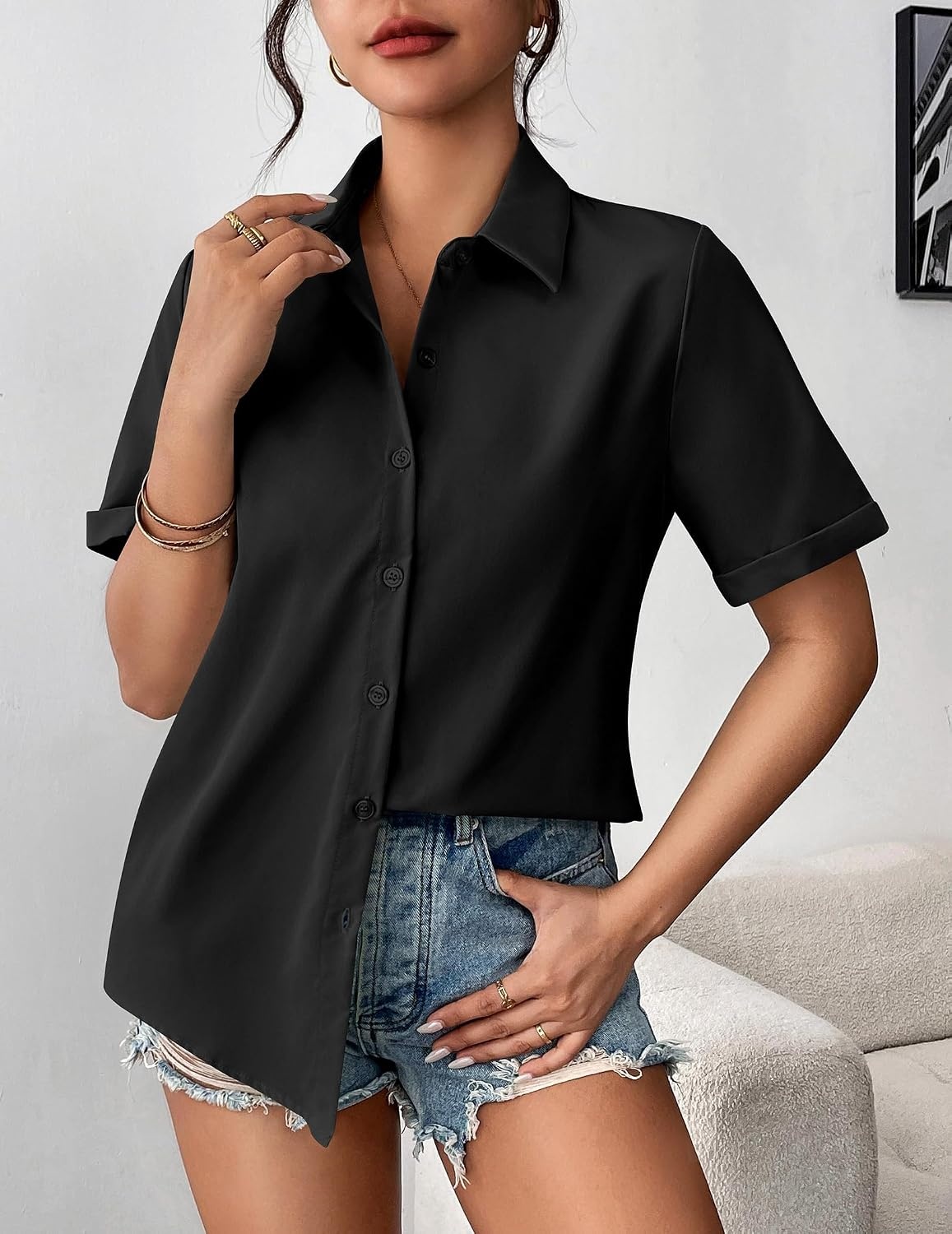 image:imageZeagoo Womens Button Down Blouse Rolled Cuffed Short Sleeve Shirts Casual Work Blouse Summer Hawaiian OutfitsBlack
