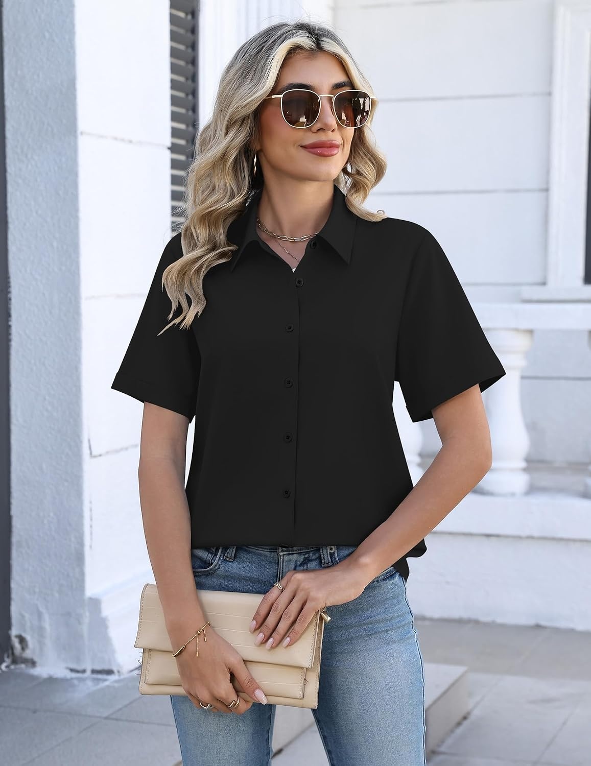 image:imageZeagoo Womens Button Down Blouse Rolled Cuffed Short Sleeve Shirts Casual Work Blouse Summer Hawaiian OutfitsBlack