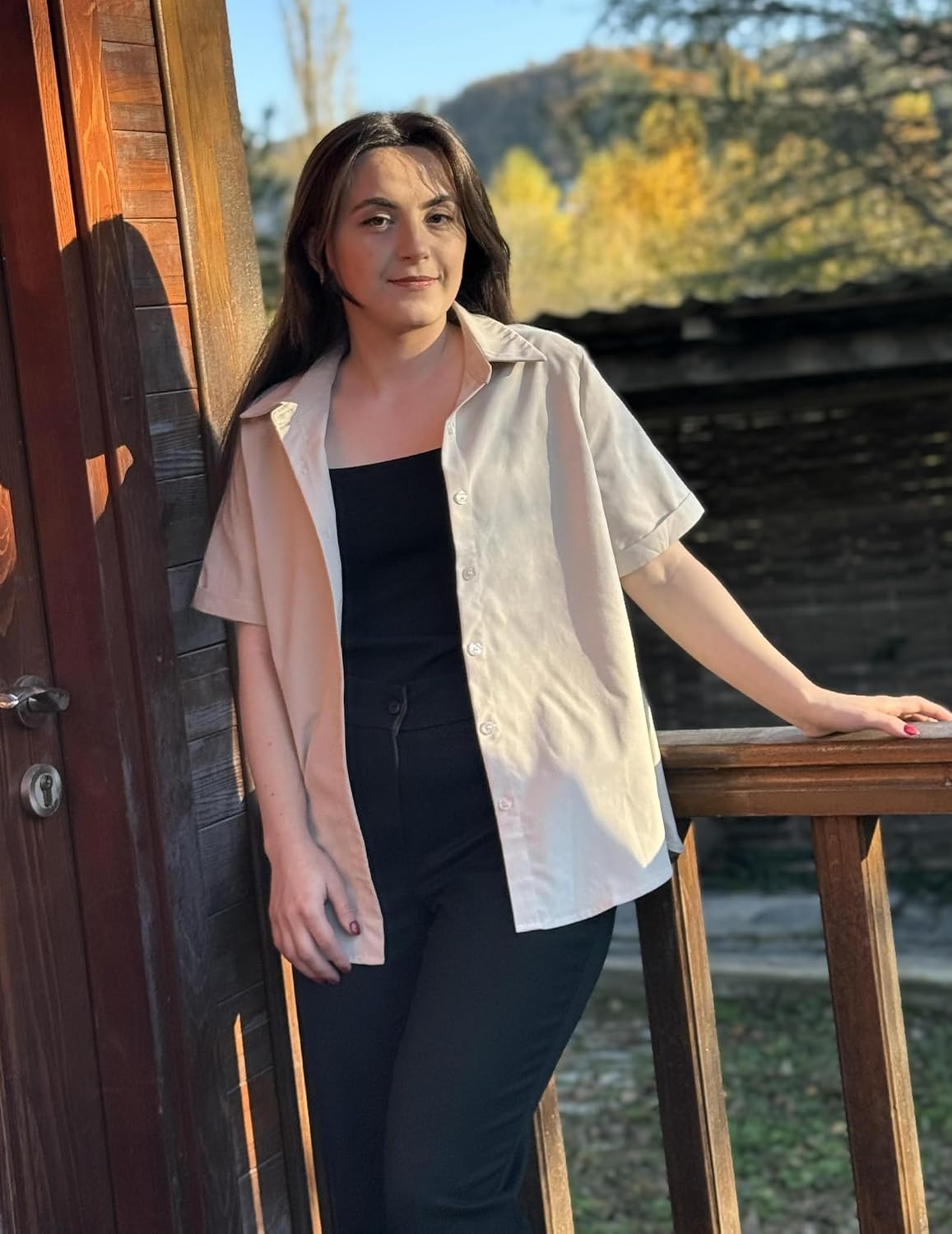 image:imageZeagoo Womens Button Down Blouse Rolled Cuffed Short Sleeve Shirts Casual Work Blouse Summer Hawaiian OutfitsChampagne