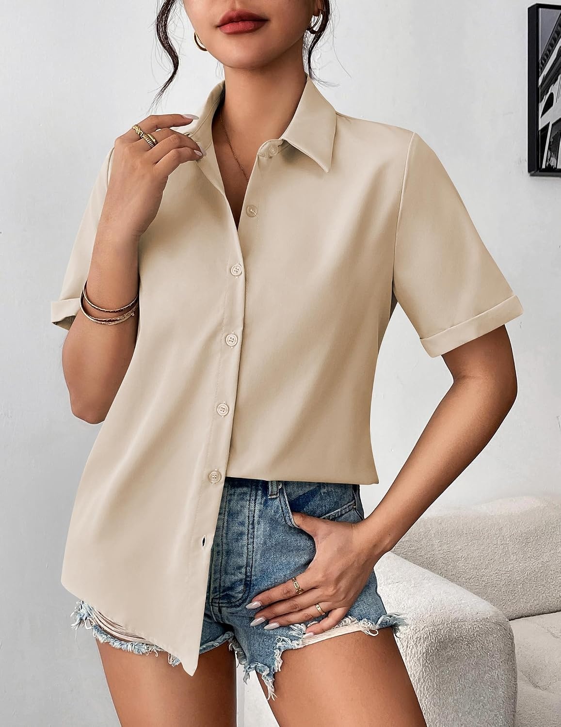 image:imageZeagoo Womens Button Down Blouse Rolled Cuffed Short Sleeve Shirts Casual Work Blouse Summer Hawaiian OutfitsChampagne