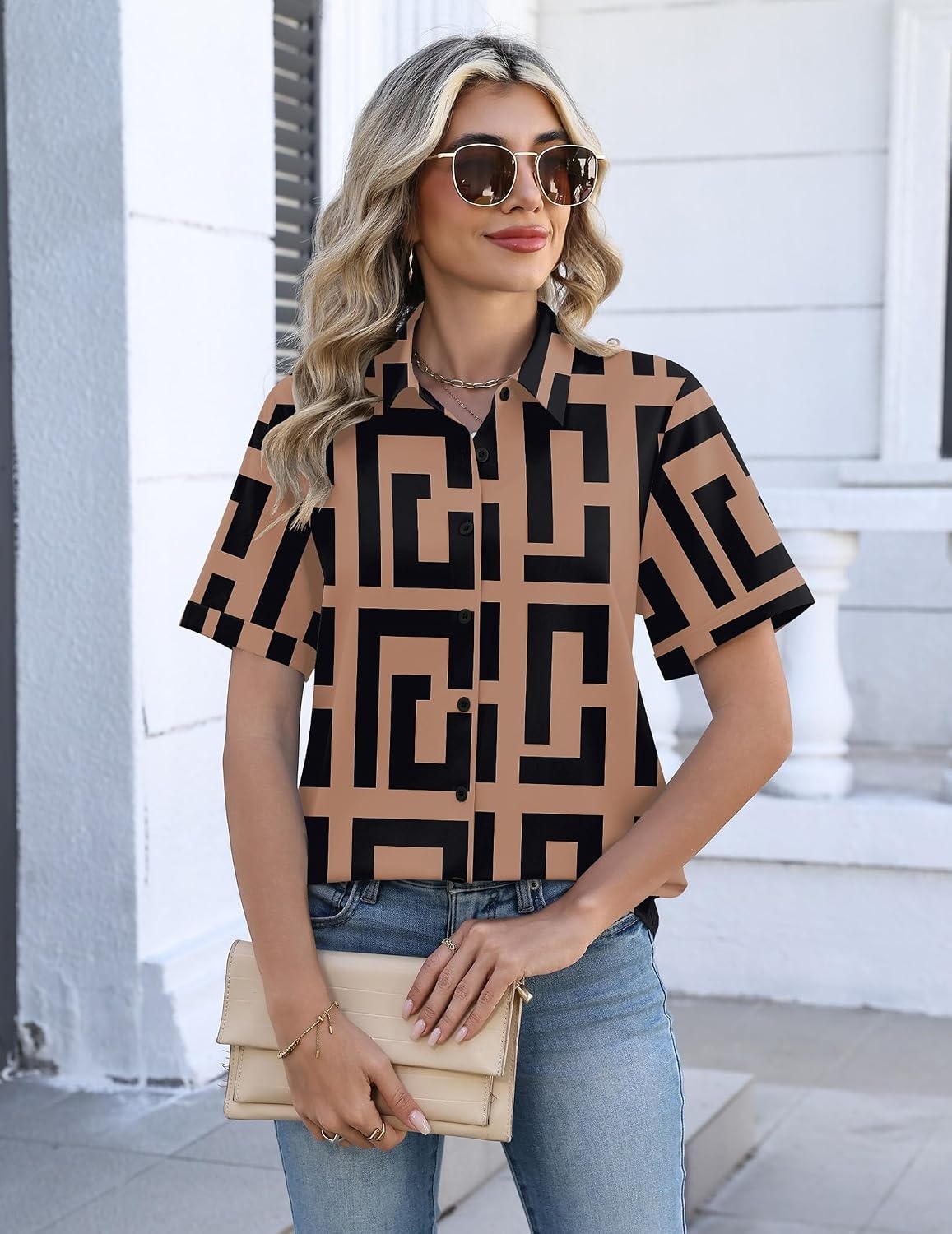 image:imageZeagoo Womens Button Down Blouse Rolled Cuffed Short Sleeve Shirts Casual Work Blouse Summer Hawaiian OutfitsJh308