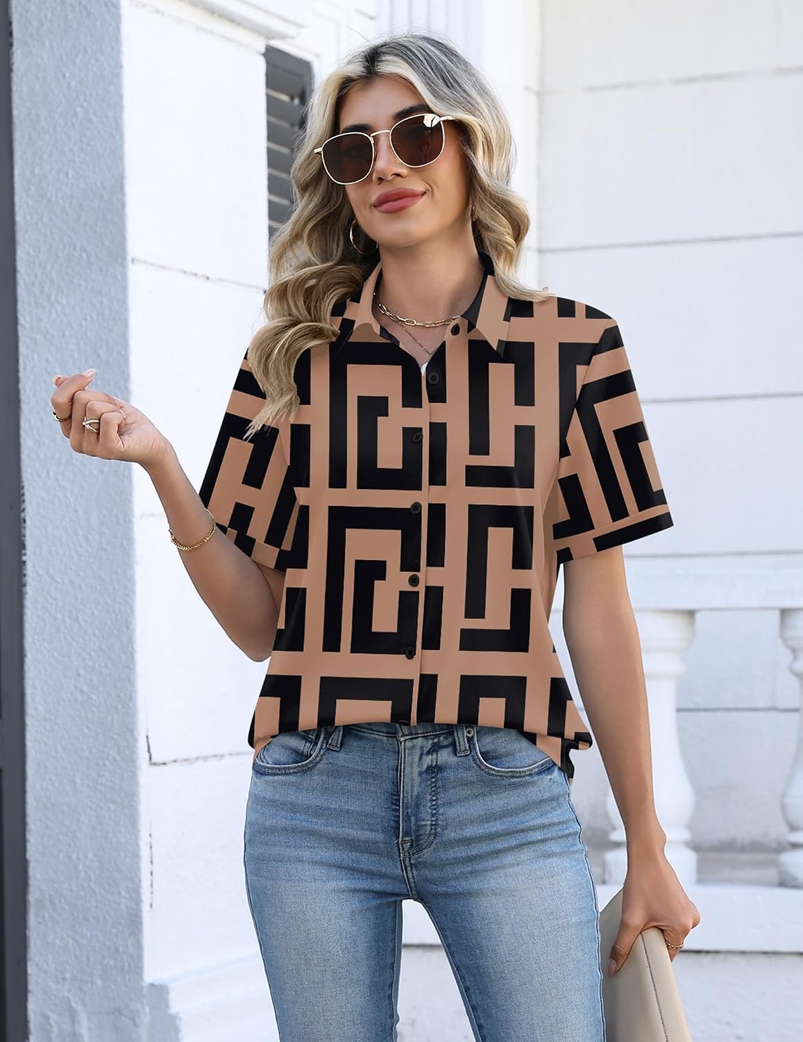 image:imageZeagoo Womens Button Down Blouse Rolled Cuffed Short Sleeve Shirts Casual Work Blouse Summer Hawaiian OutfitsJh308