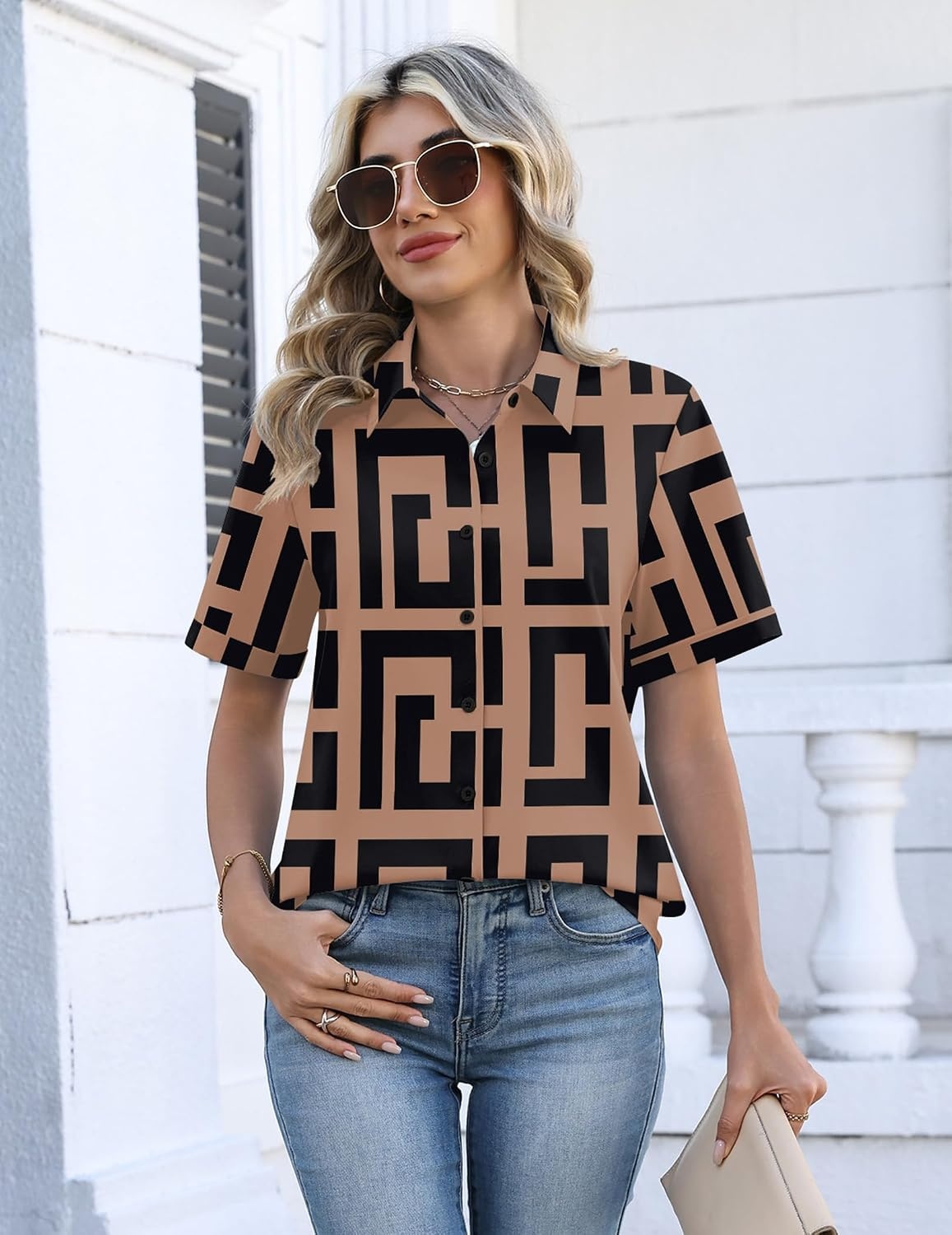 image:imageZeagoo Womens Button Down Blouse Rolled Cuffed Short Sleeve Shirts Casual Work Blouse Summer Hawaiian OutfitsJh308