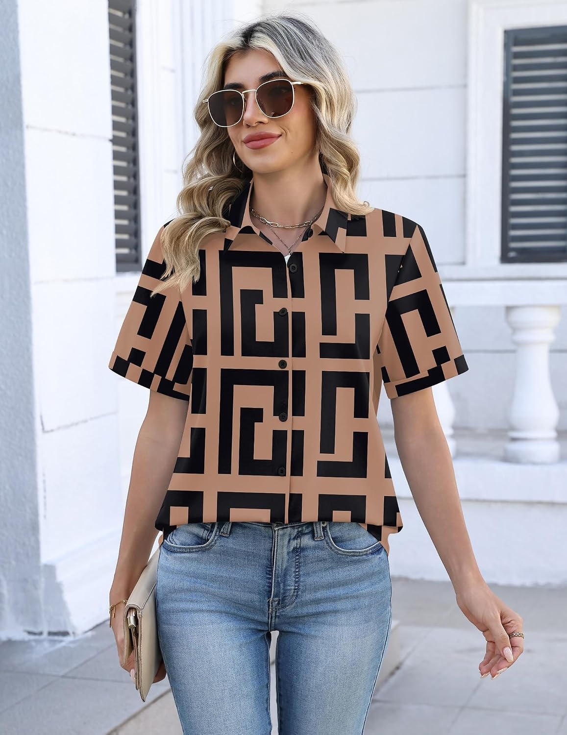 image:imageZeagoo Womens Button Down Blouse Rolled Cuffed Short Sleeve Shirts Casual Work Blouse Summer Hawaiian OutfitsJh308