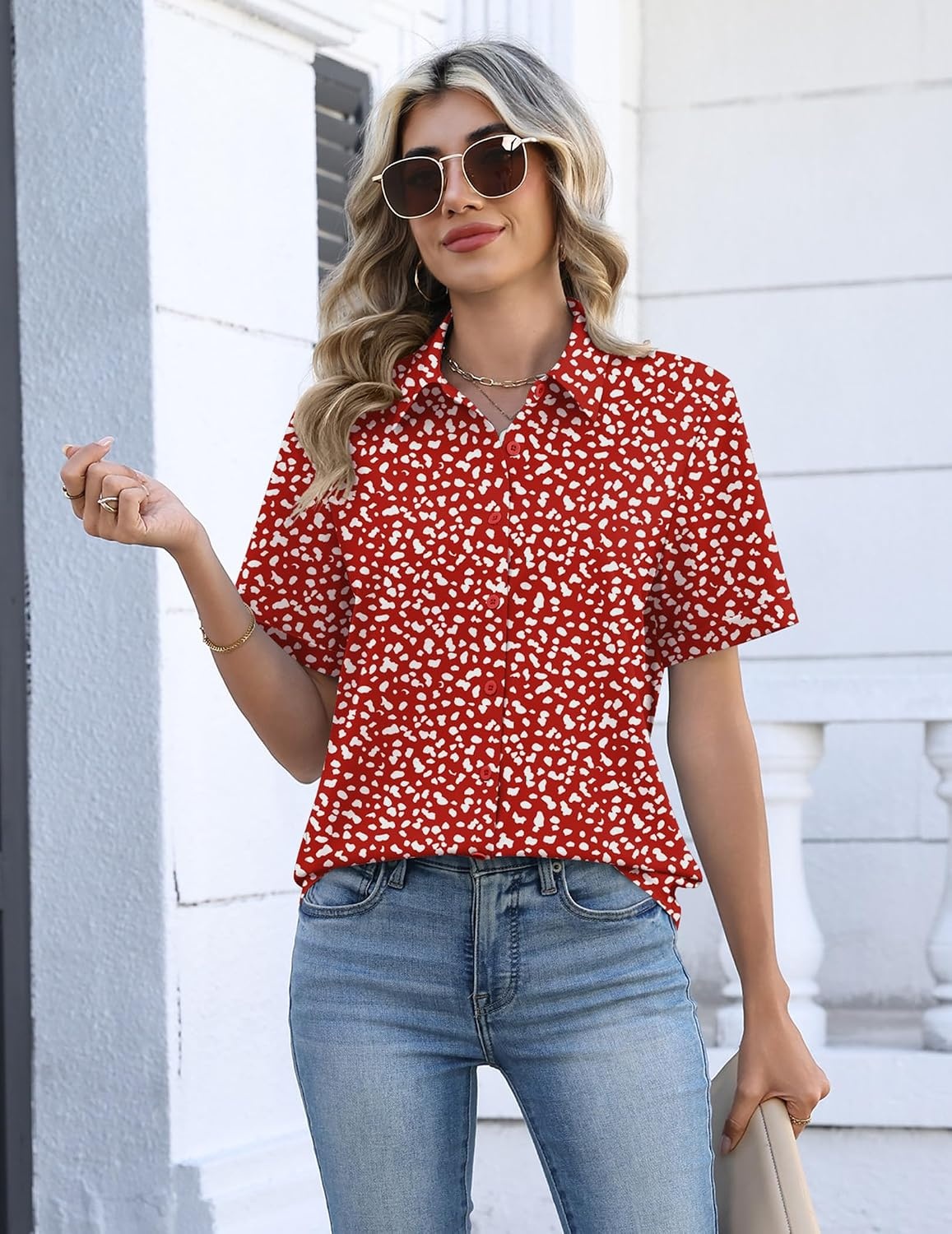 image:imageZeagoo Womens Button Down Blouse Rolled Cuffed Short Sleeve Shirts Casual Work Blouse Summer Hawaiian OutfitsJh590