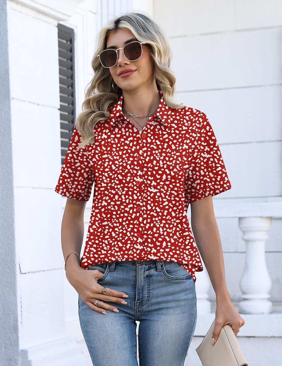 image:imageZeagoo Womens Button Down Blouse Rolled Cuffed Short Sleeve Shirts Casual Work Blouse Summer Hawaiian OutfitsJh590