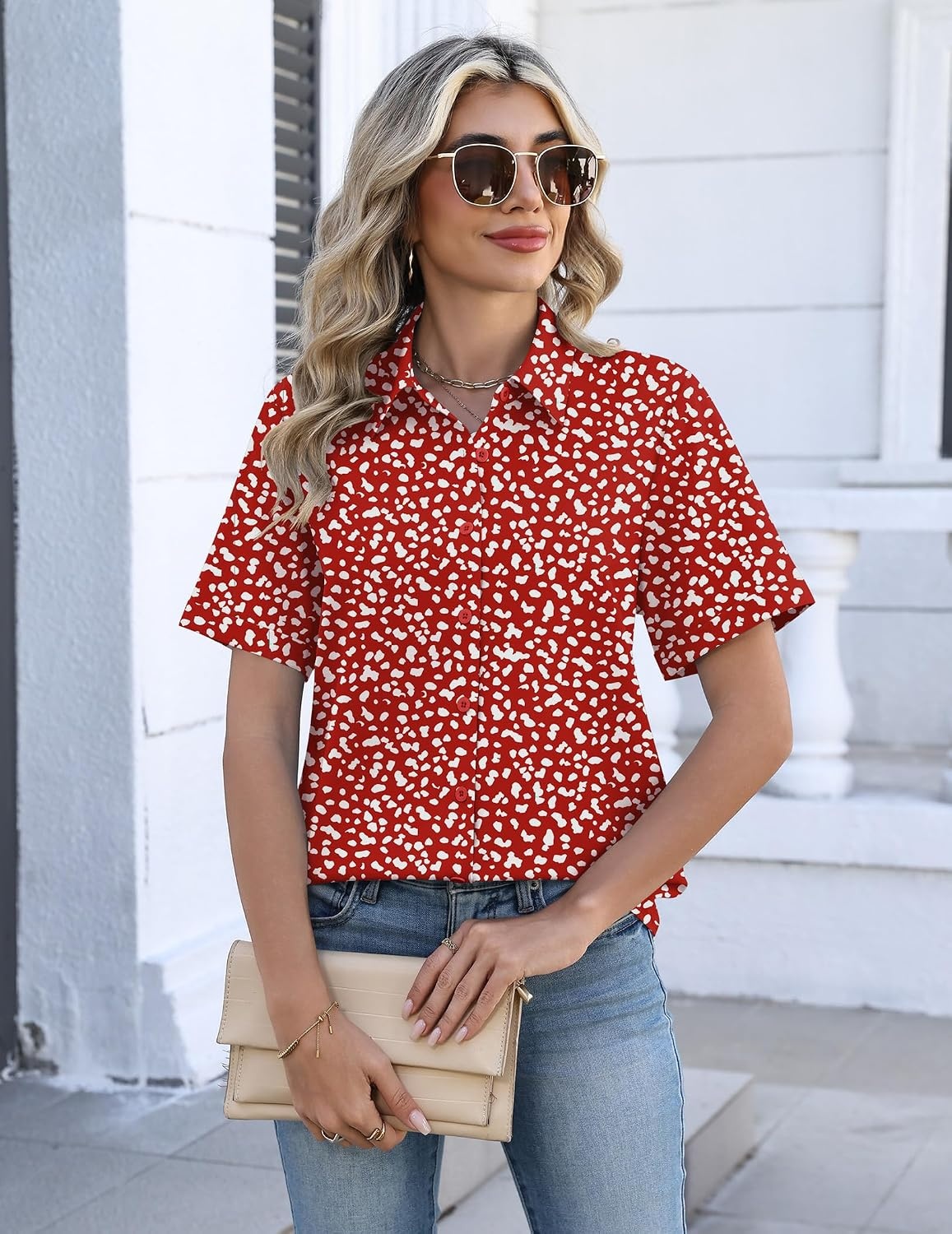 image:imageZeagoo Womens Button Down Blouse Rolled Cuffed Short Sleeve Shirts Casual Work Blouse Summer Hawaiian OutfitsJh590