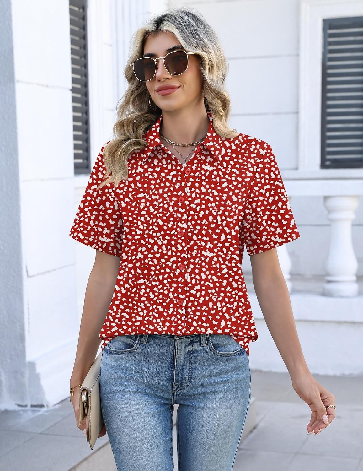 image:imageZeagoo Womens Button Down Blouse Rolled Cuffed Short Sleeve Shirts Casual Work Blouse Summer Hawaiian OutfitsJh590