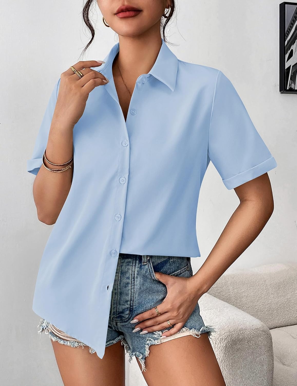 image:imageZeagoo Womens Button Down Blouse Rolled Cuffed Short Sleeve Shirts Casual Work Blouse Summer Hawaiian OutfitsLight Blue