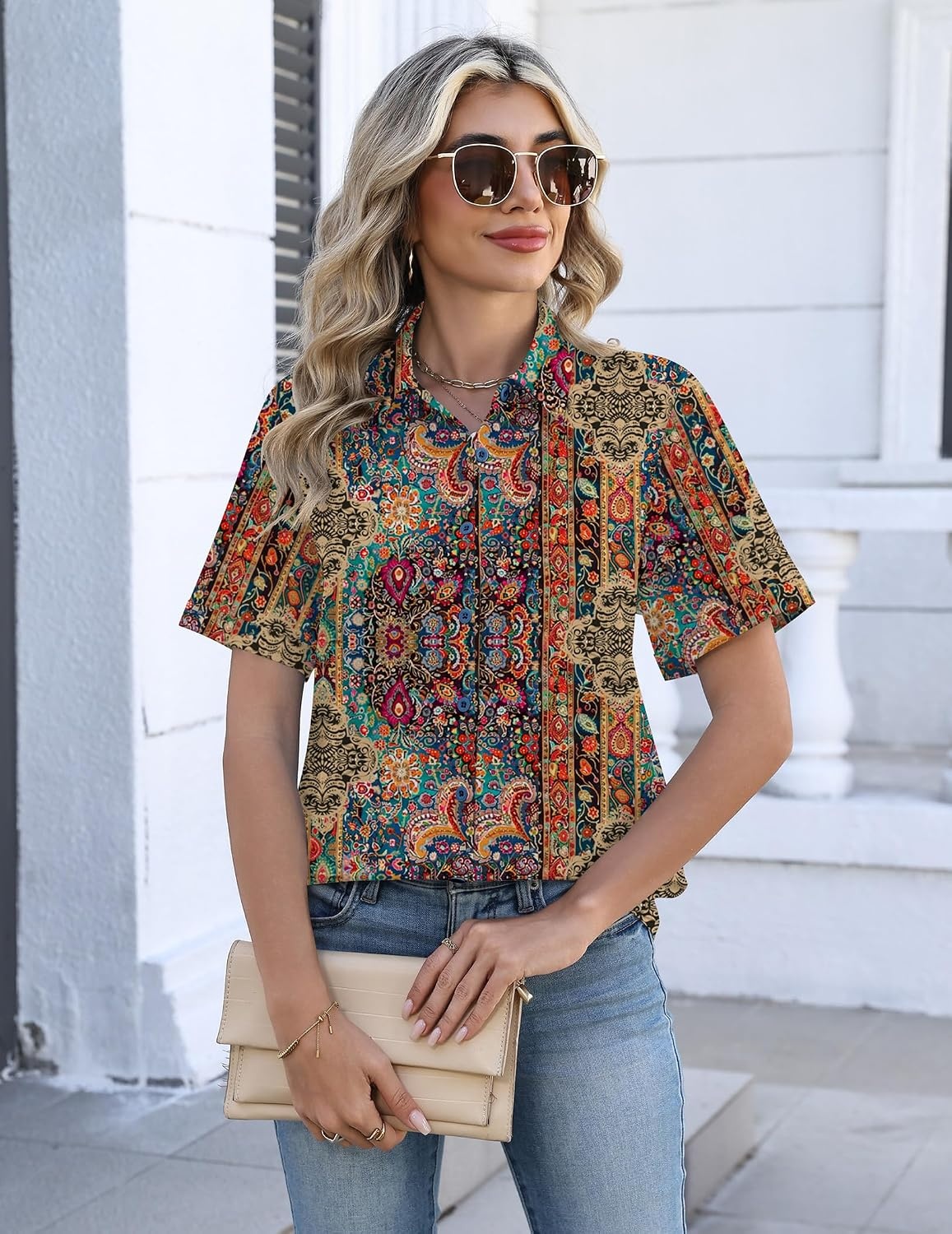 image:imageZeagoo Womens Button Down Blouse Rolled Cuffed Short Sleeve Shirts Casual Work Blouse Summer Hawaiian OutfitsMz721