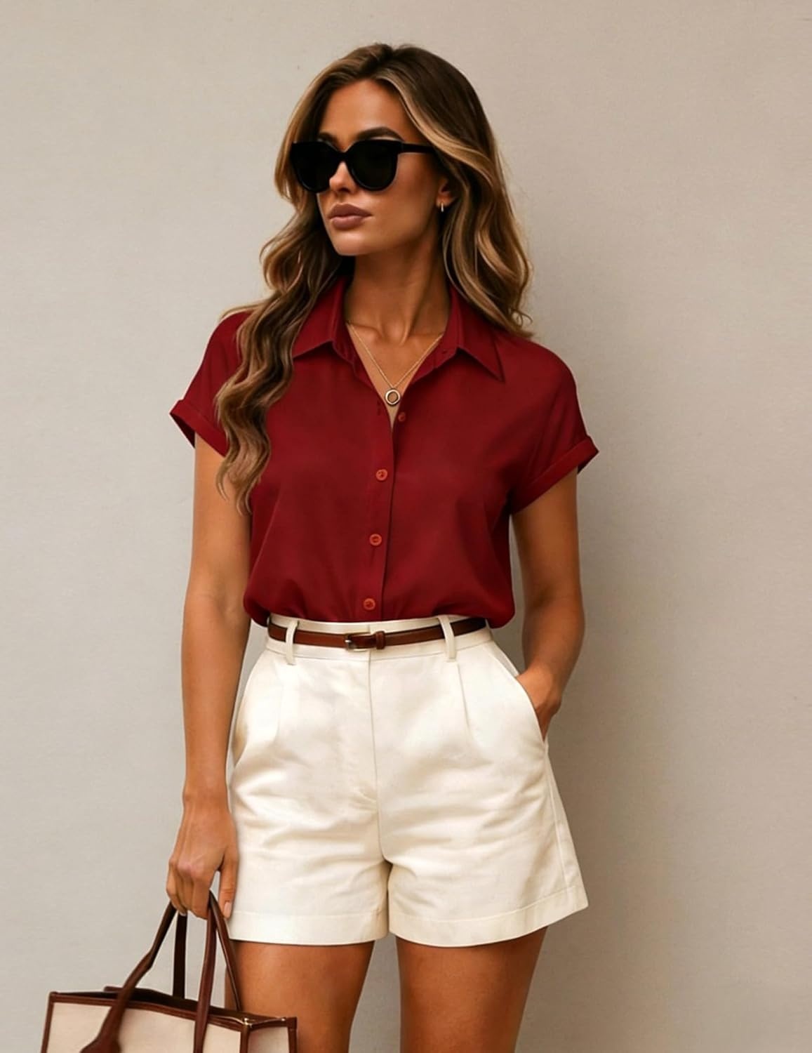 image:imageZeagoo Womens Button Down Blouse Rolled Cuffed Short Sleeve Shirts Casual Work Blouse Summer Hawaiian OutfitsRed