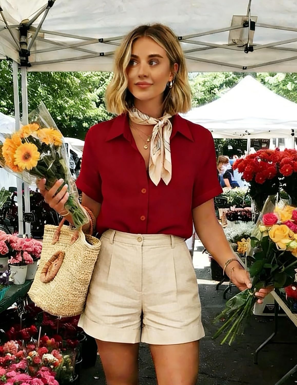 image:imageZeagoo Womens Button Down Blouse Rolled Cuffed Short Sleeve Shirts Casual Work Blouse Summer Hawaiian OutfitsRed