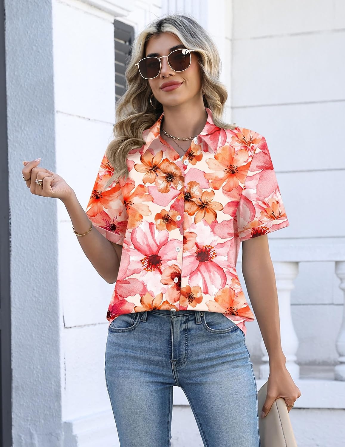 image:imageZeagoo Womens Button Down Blouse Rolled Cuffed Short Sleeve Shirts Casual Work Blouse Summer Hawaiian OutfitsWf97
