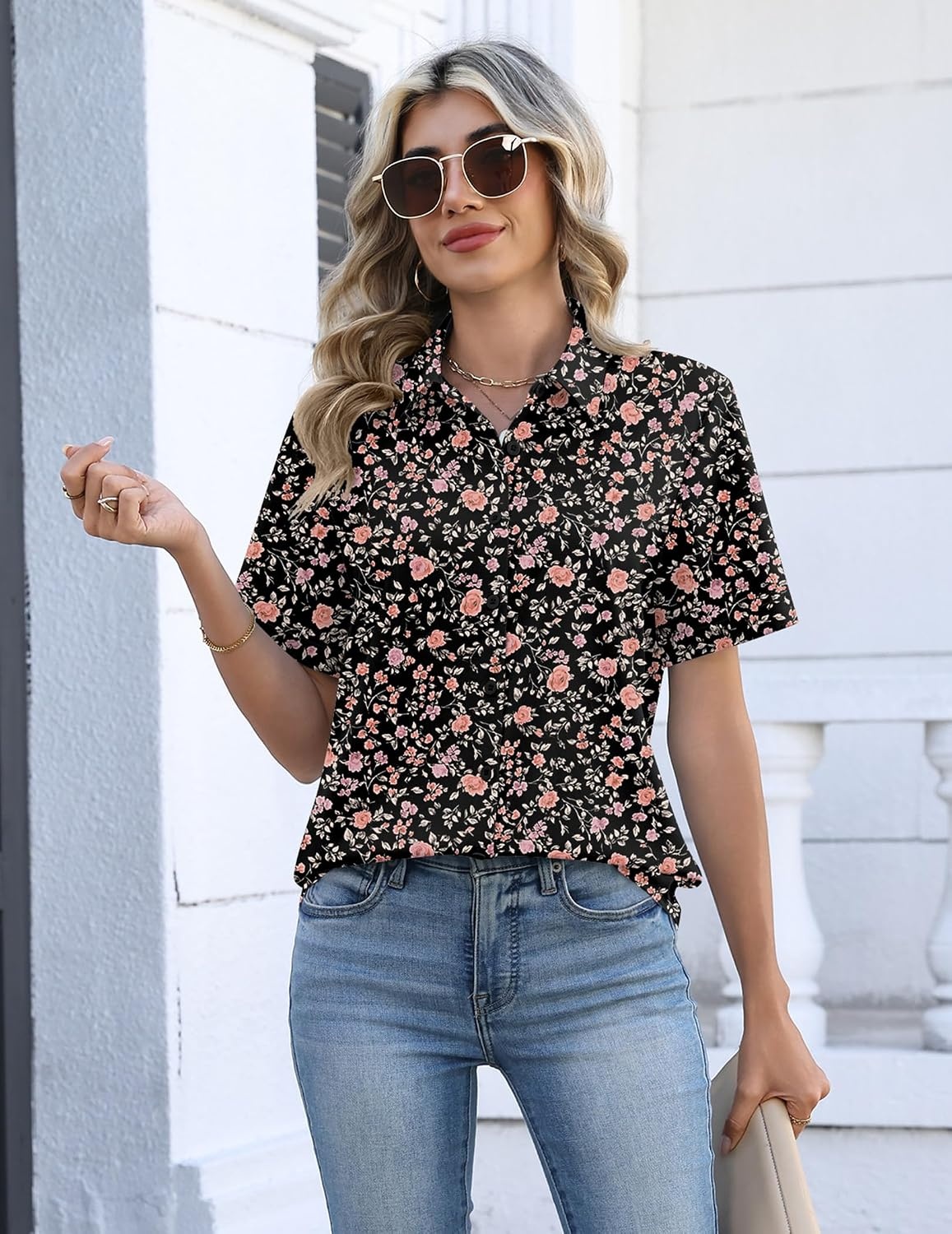 image:imageZeagoo Womens Button Down Blouse Rolled Cuffed Short Sleeve Shirts Casual Work Blouse Summer Hawaiian OutfitsXh532