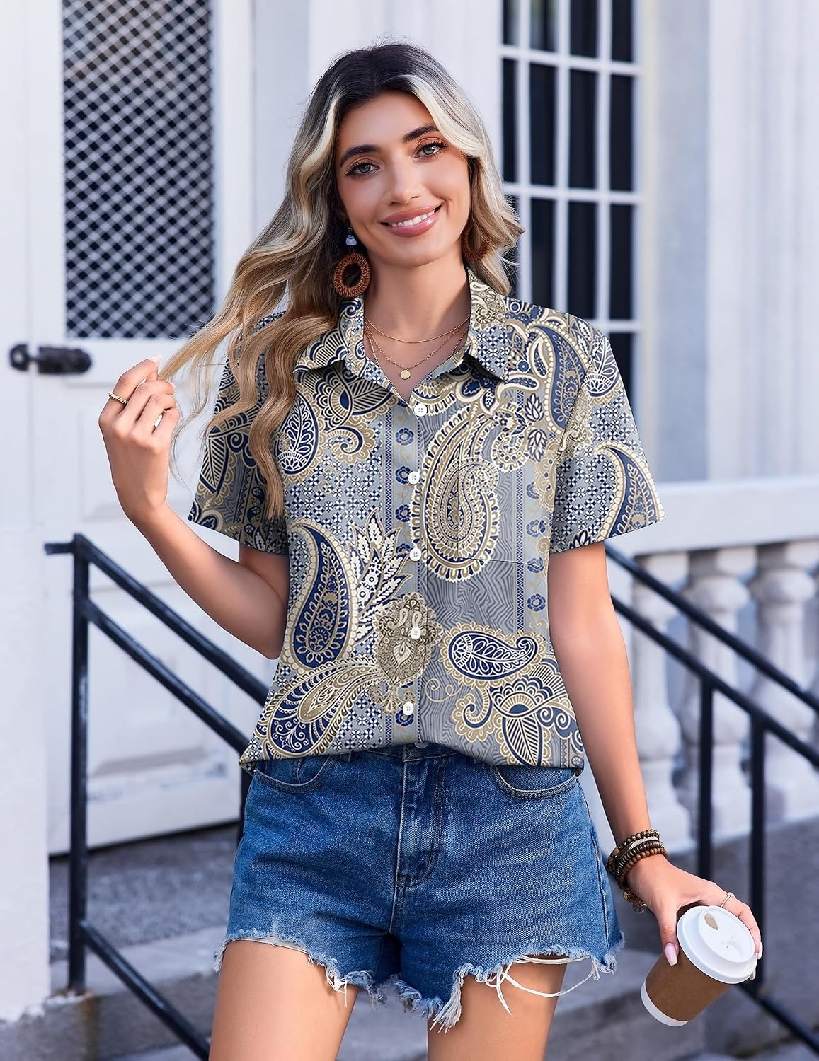 image:imageZeagoo Womens Button Down Shirt Bust Pocket Short Sleeve Blouses Summer TopBoho Blue 919