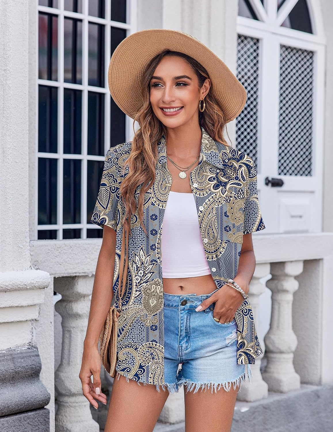 image:imageZeagoo Womens Button Down Shirt Bust Pocket Short Sleeve Blouses Summer TopBoho Blue 919