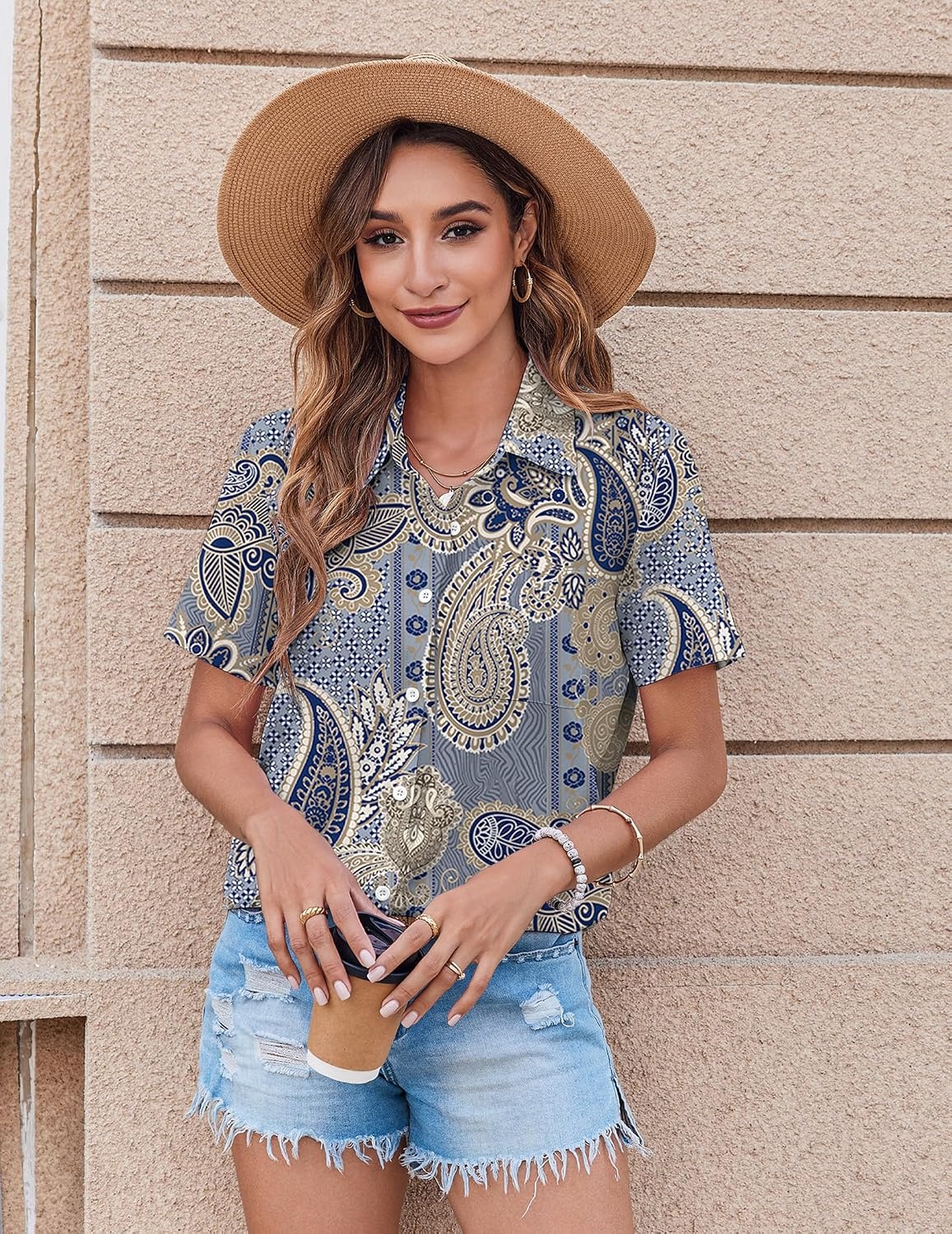 image:imageZeagoo Womens Button Down Shirt Bust Pocket Short Sleeve Blouses Summer TopBoho Blue 919
