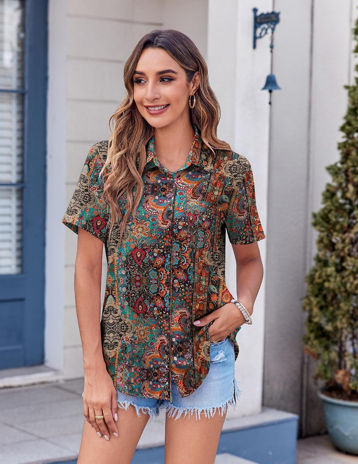 image:imageZeagoo Womens Button Down Shirt Bust Pocket Short Sleeve Blouses Summer TopBoho Multicolor 721