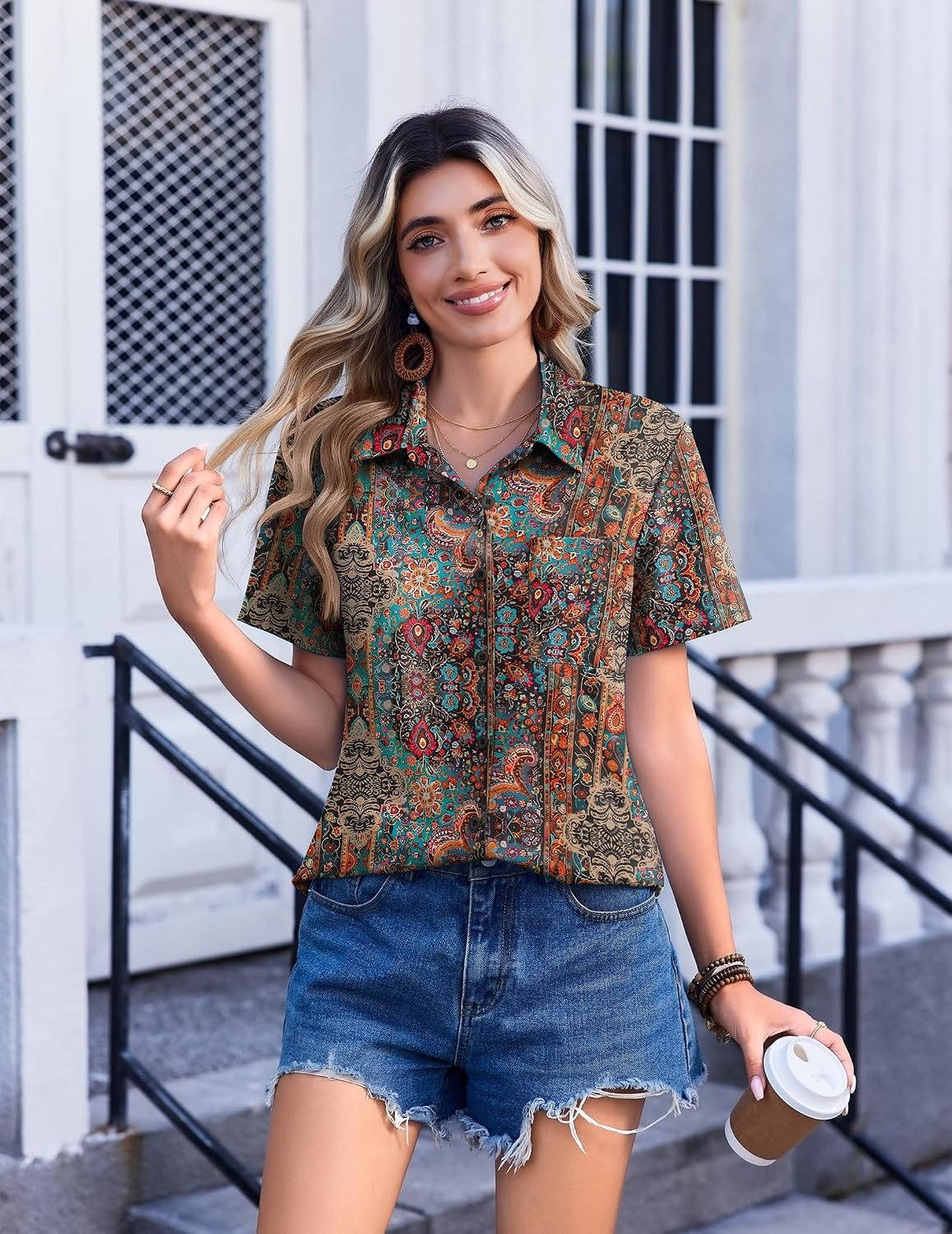 image:imageZeagoo Womens Button Down Shirt Bust Pocket Short Sleeve Blouses Summer TopBoho Multicolor 721
