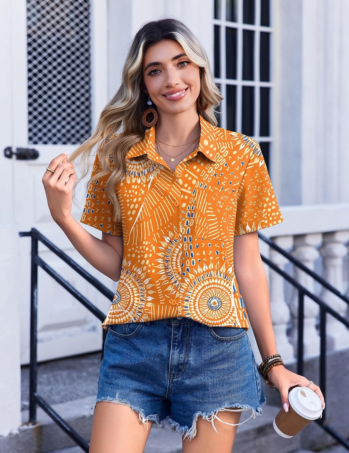 image:imageZeagoo Womens Button Down Shirt Bust Pocket Short Sleeve Blouses Summer TopBoho Orange 294