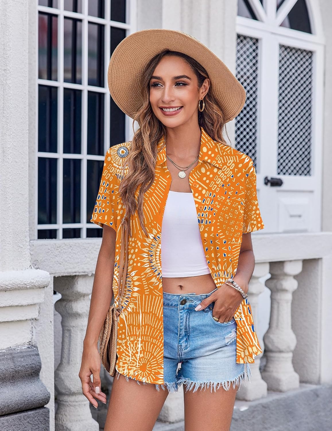 image:imageZeagoo Womens Button Down Shirt Bust Pocket Short Sleeve Blouses Summer TopBoho Orange 294