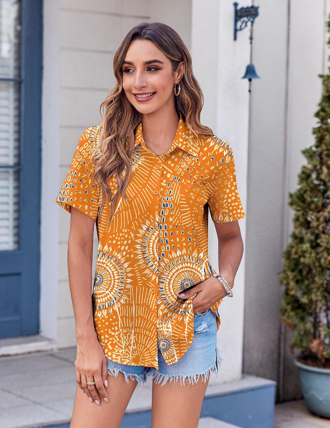 image:imageZeagoo Womens Button Down Shirt Bust Pocket Short Sleeve Blouses Summer TopBoho Orange 294