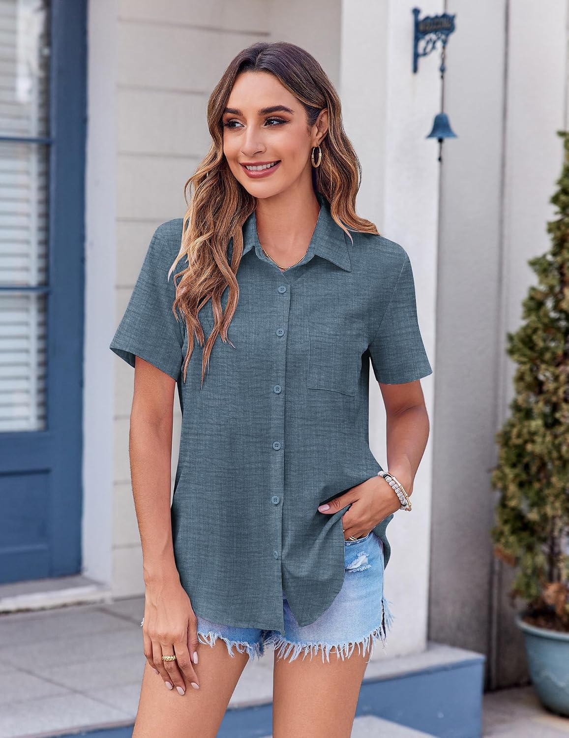 image:imageZeagoo Womens Button Down Shirt Bust Pocket Short Sleeve Blouses Summer TopDark Denim Blue