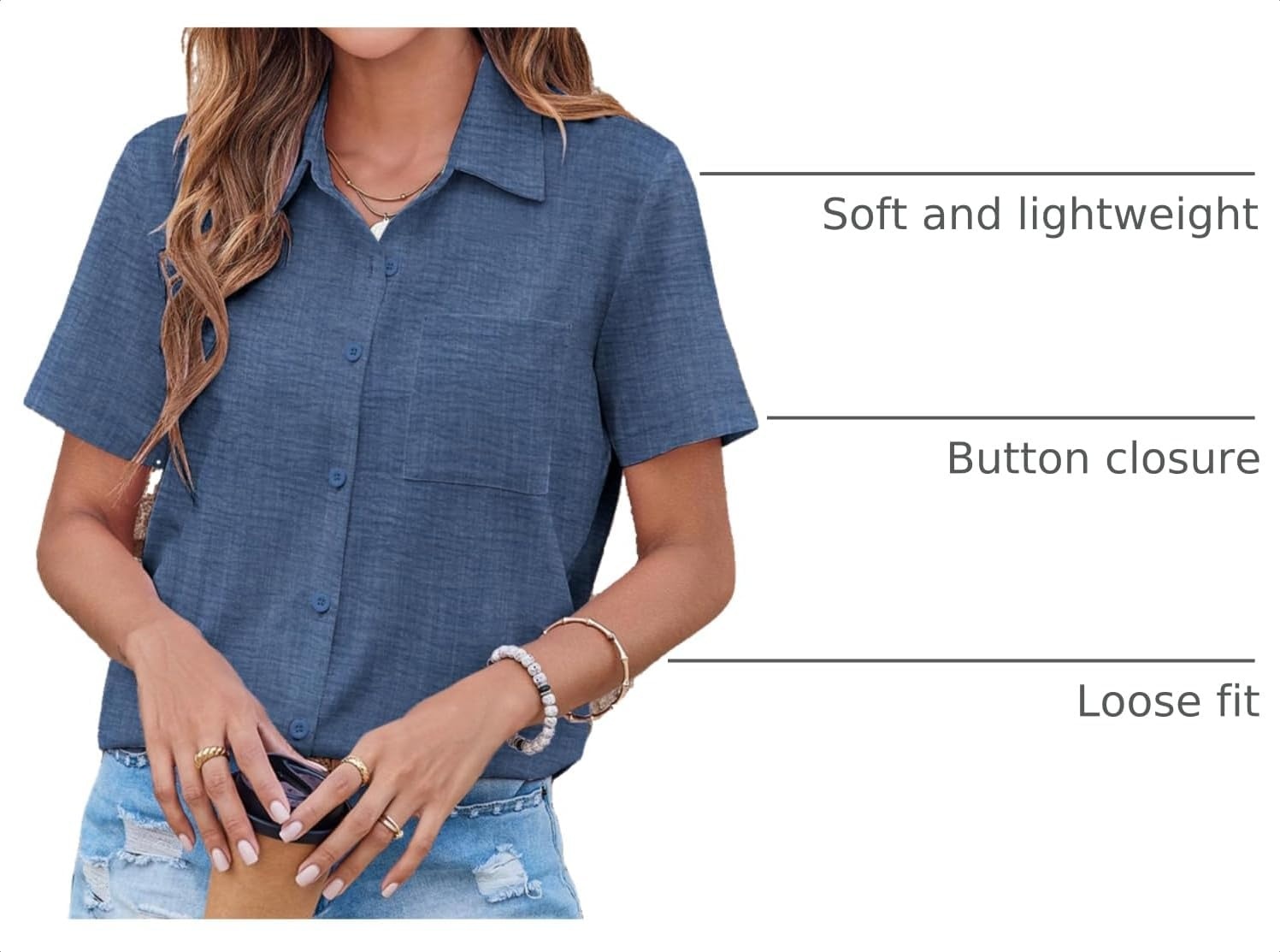 image:imageZeagoo Womens Button Down Shirt Bust Pocket Short Sleeve Blouses Summer TopDenim Blue