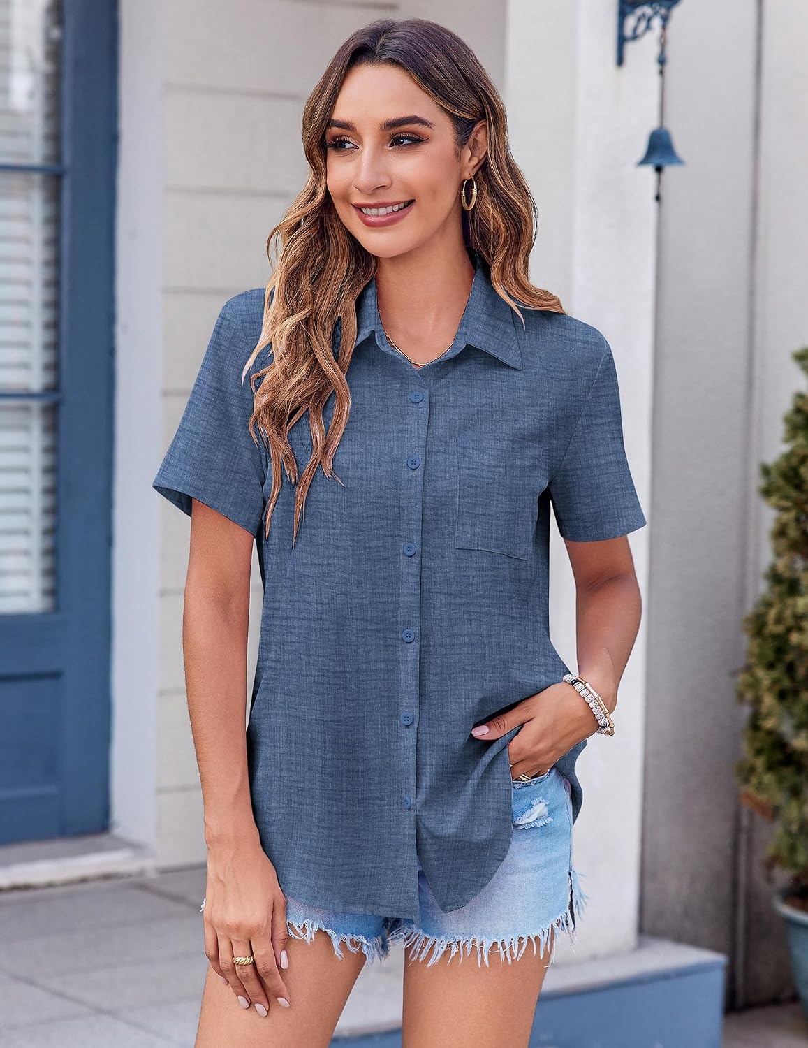 image:imageZeagoo Womens Button Down Shirt Bust Pocket Short Sleeve Blouses Summer TopDenim Blue