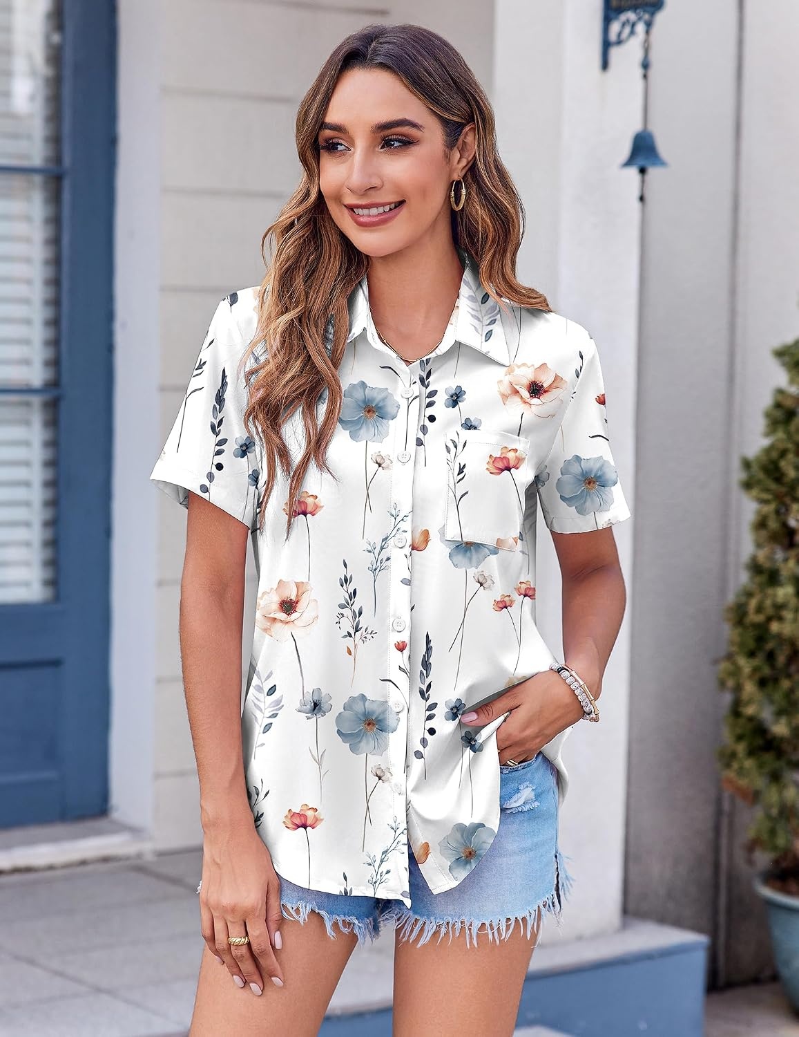 image:imageZeagoo Womens Button Down Shirt Bust Pocket Short Sleeve Blouses Summer TopDh6