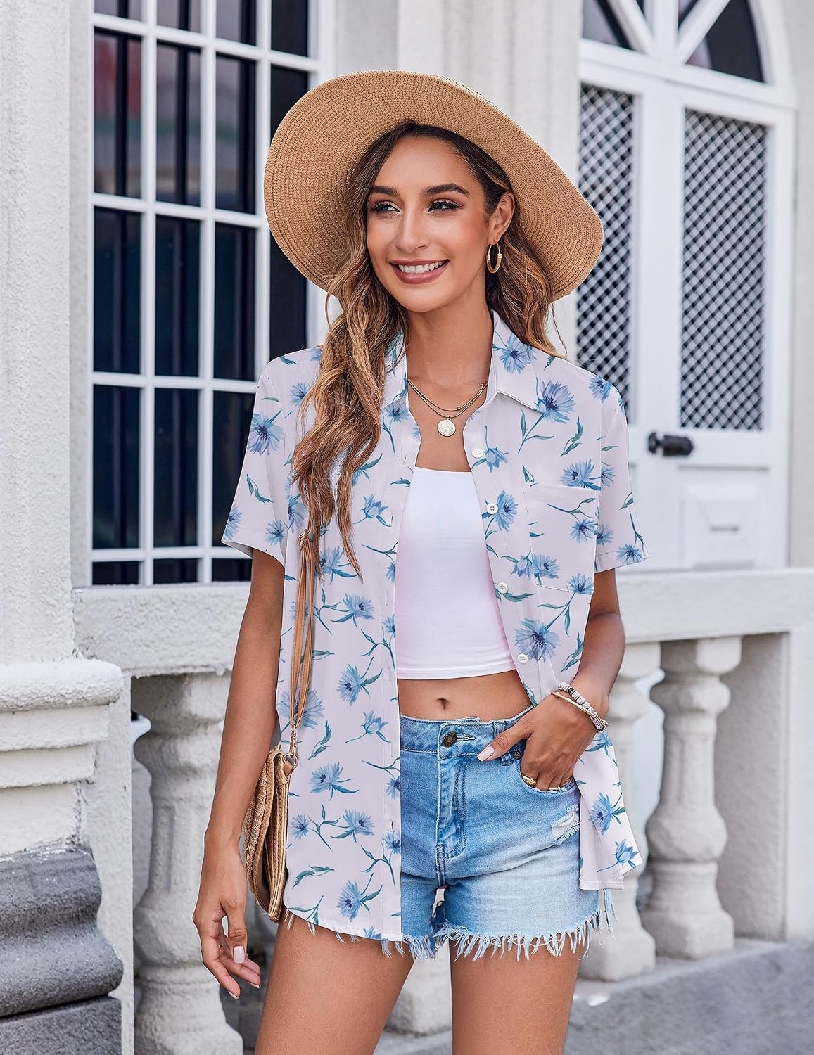 image:imageZeagoo Womens Button Down Shirt Bust Pocket Short Sleeve Blouses Summer TopFloral Blue 361