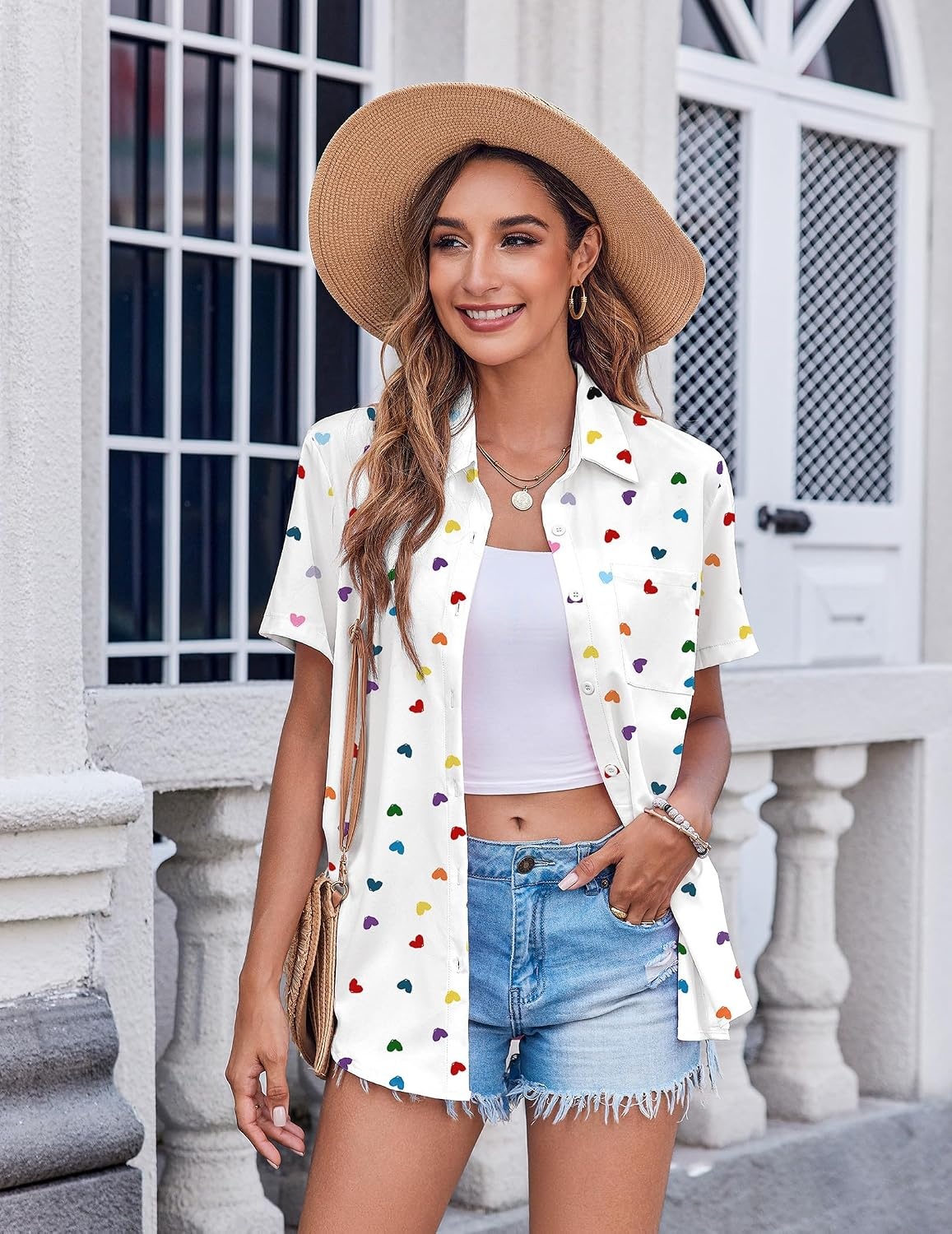 image:imageZeagoo Womens Button Down Shirt Bust Pocket Short Sleeve Blouses Summer TopHeart Colorful 25