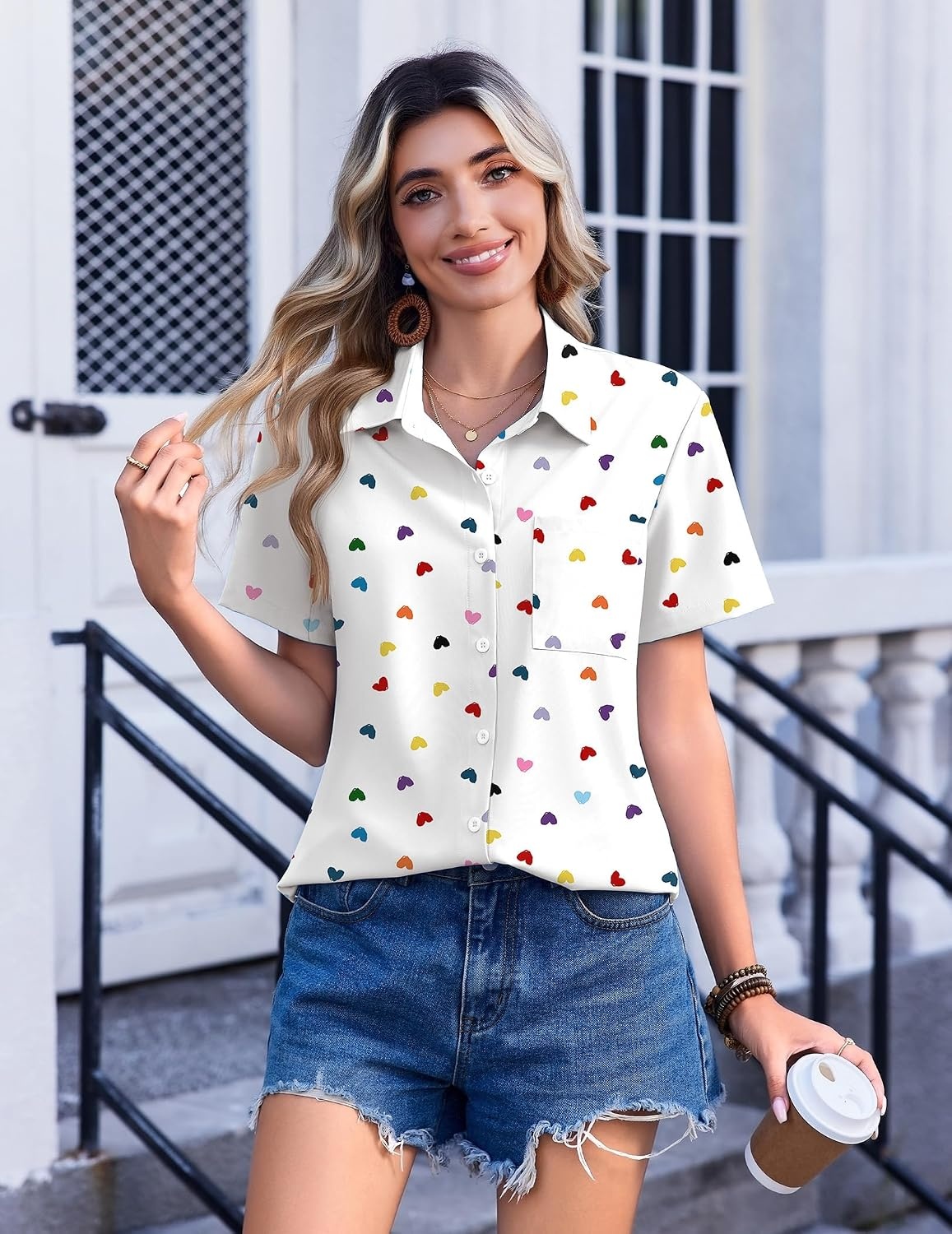 image:imageZeagoo Womens Button Down Shirt Bust Pocket Short Sleeve Blouses Summer TopHeart Colorful 25