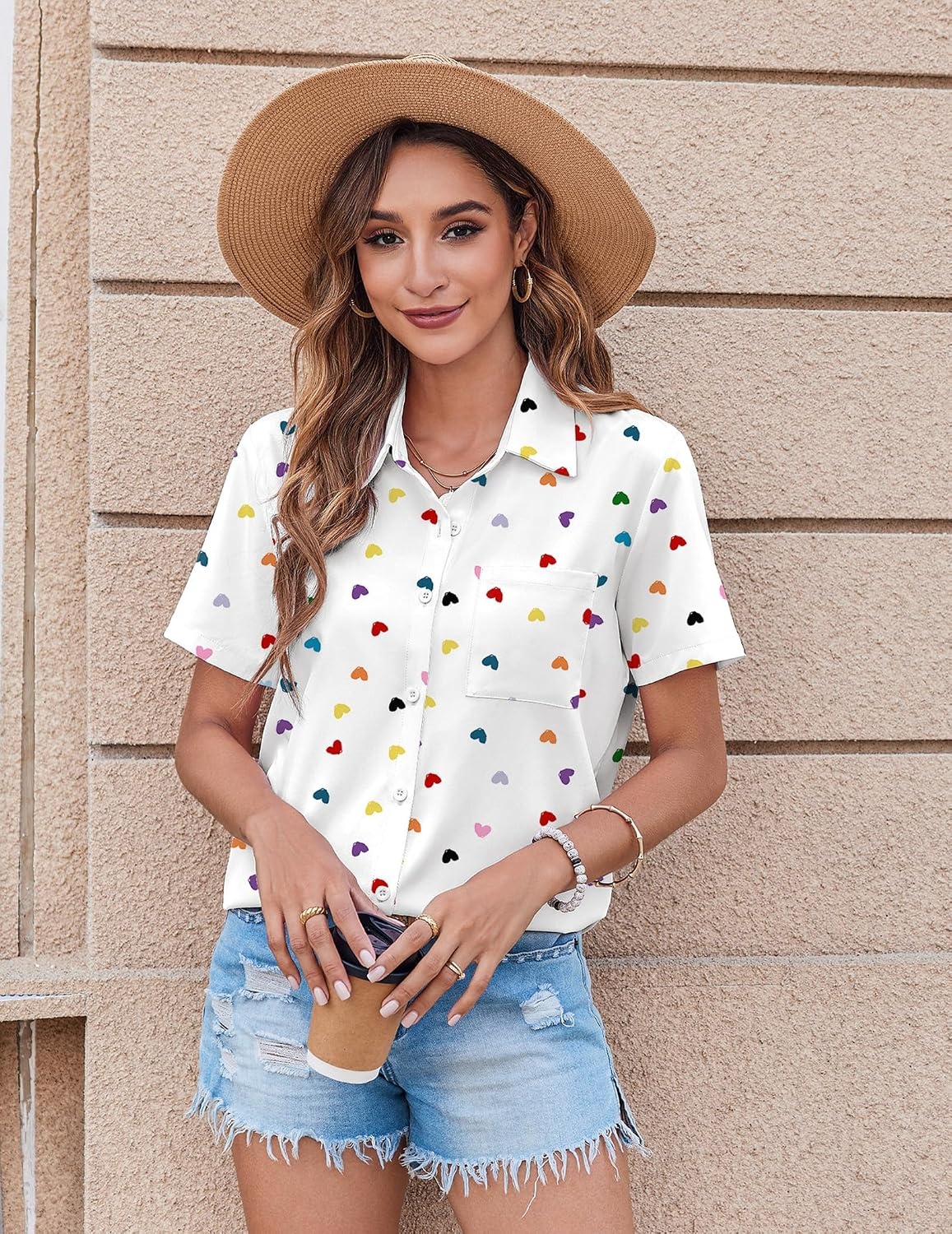 image:imageZeagoo Womens Button Down Shirt Bust Pocket Short Sleeve Blouses Summer TopHeart Colorful 25