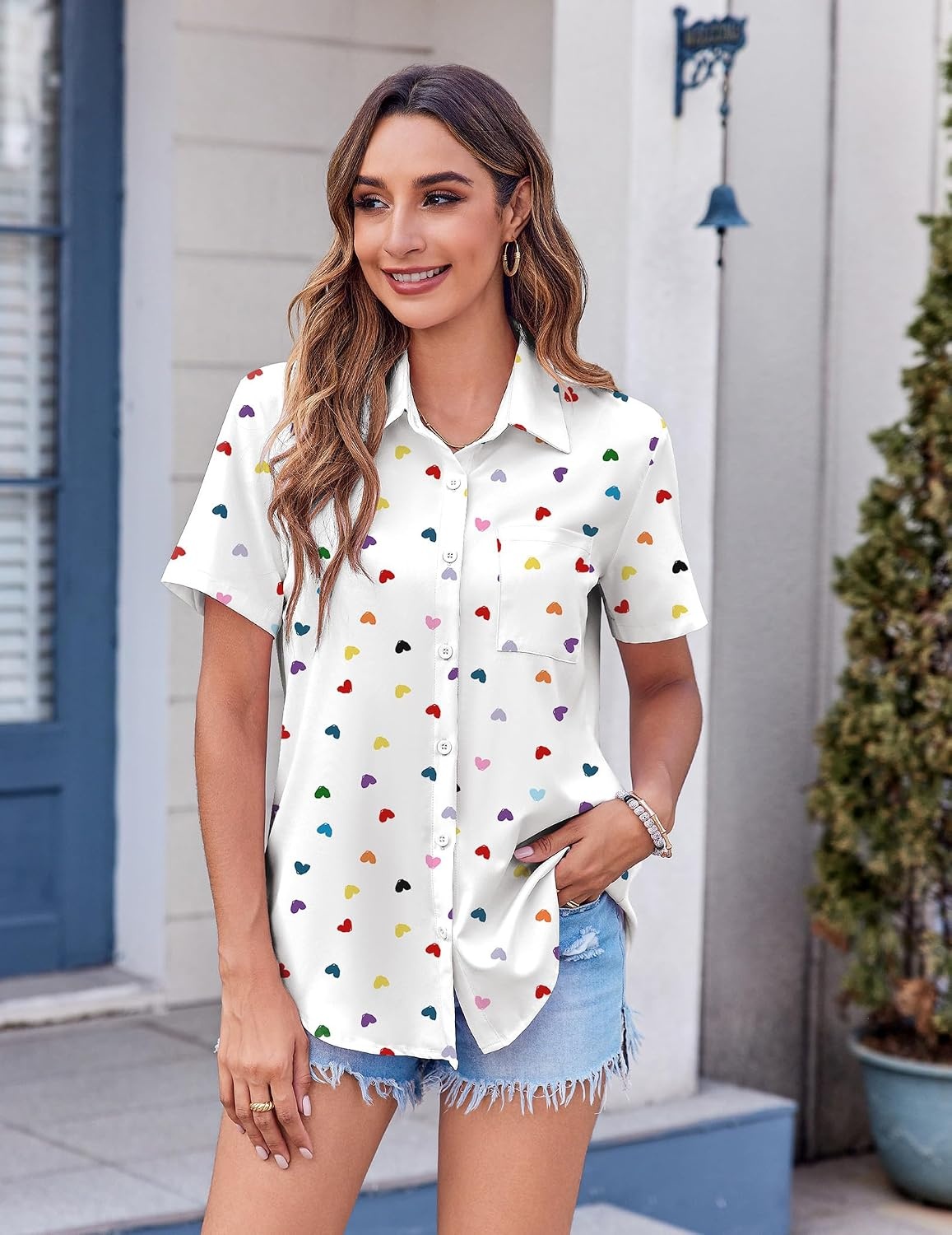 image:imageZeagoo Womens Button Down Shirt Bust Pocket Short Sleeve Blouses Summer TopHeart Colorful 25