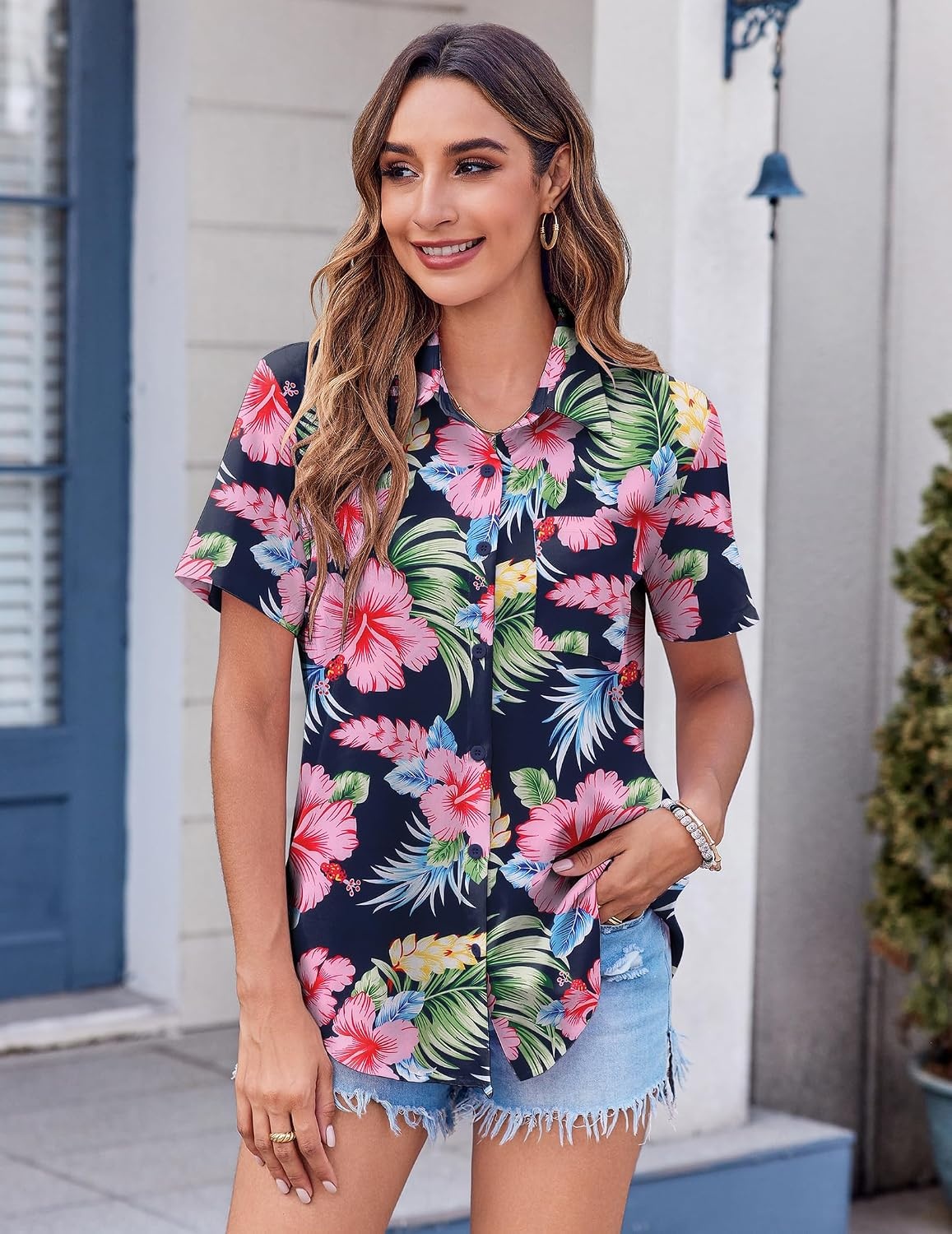 image:imageZeagoo Womens Button Down Shirt Bust Pocket Short Sleeve Blouses Summer TopHf60