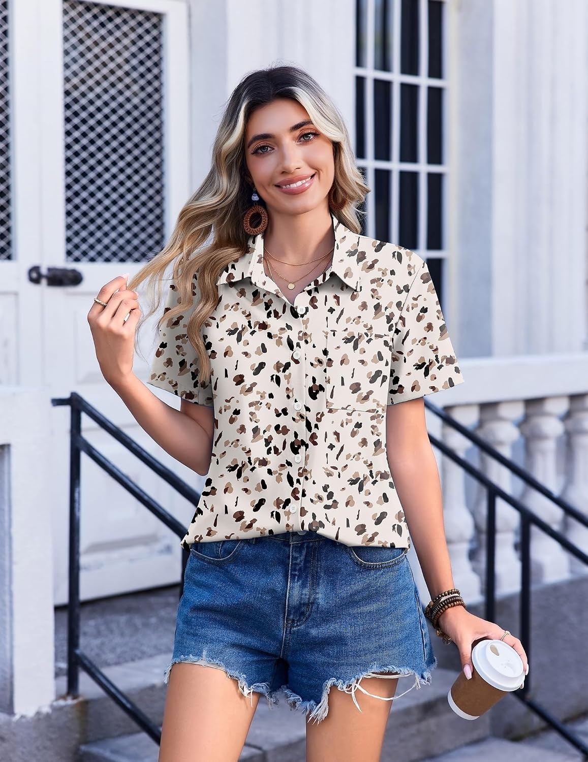 image:imageZeagoo Womens Button Down Shirt Bust Pocket Short Sleeve Blouses Summer TopLeopard Apricot 443