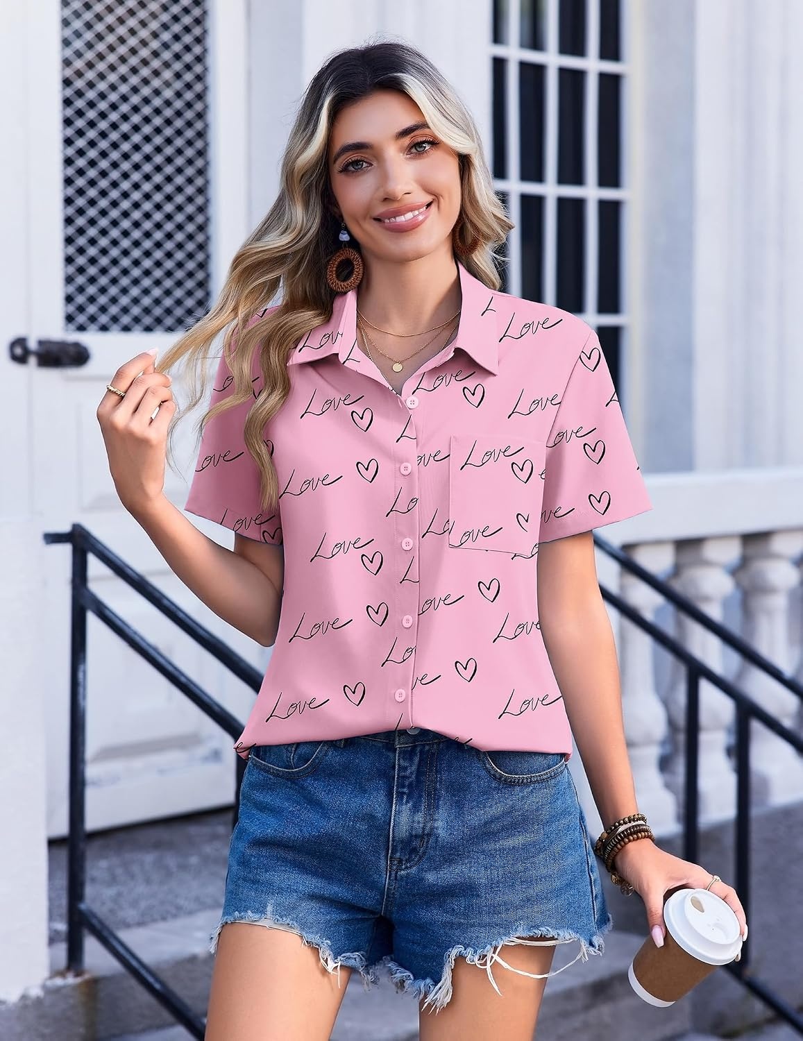 image:imageZeagoo Womens Button Down Shirt Bust Pocket Short Sleeve Blouses Summer TopLetters Love 81