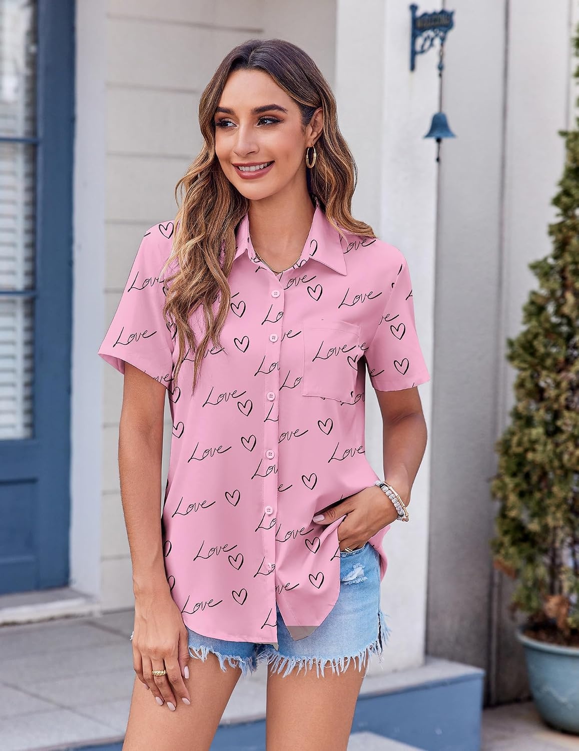 image:imageZeagoo Womens Button Down Shirt Bust Pocket Short Sleeve Blouses Summer TopLetters Love 81
