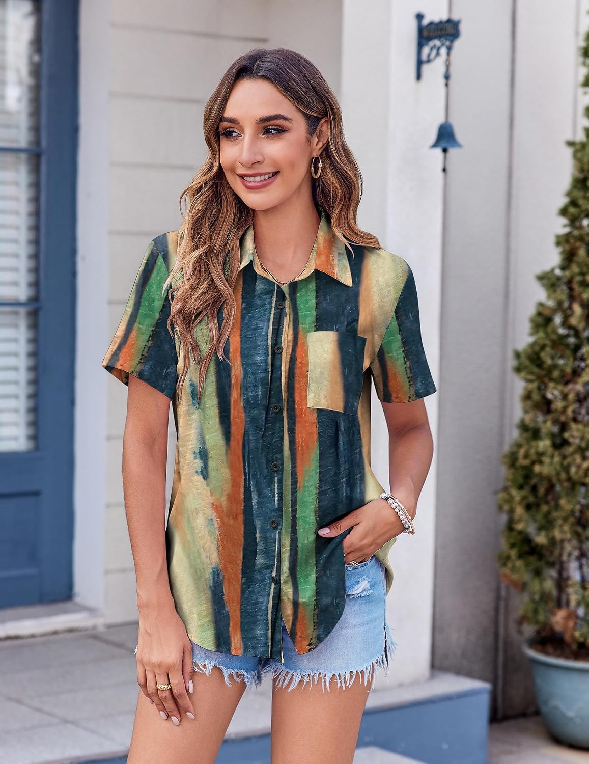 image:imageZeagoo Womens Button Down Shirt Bust Pocket Short Sleeve Blouses Summer TopStripes Multicolor 289