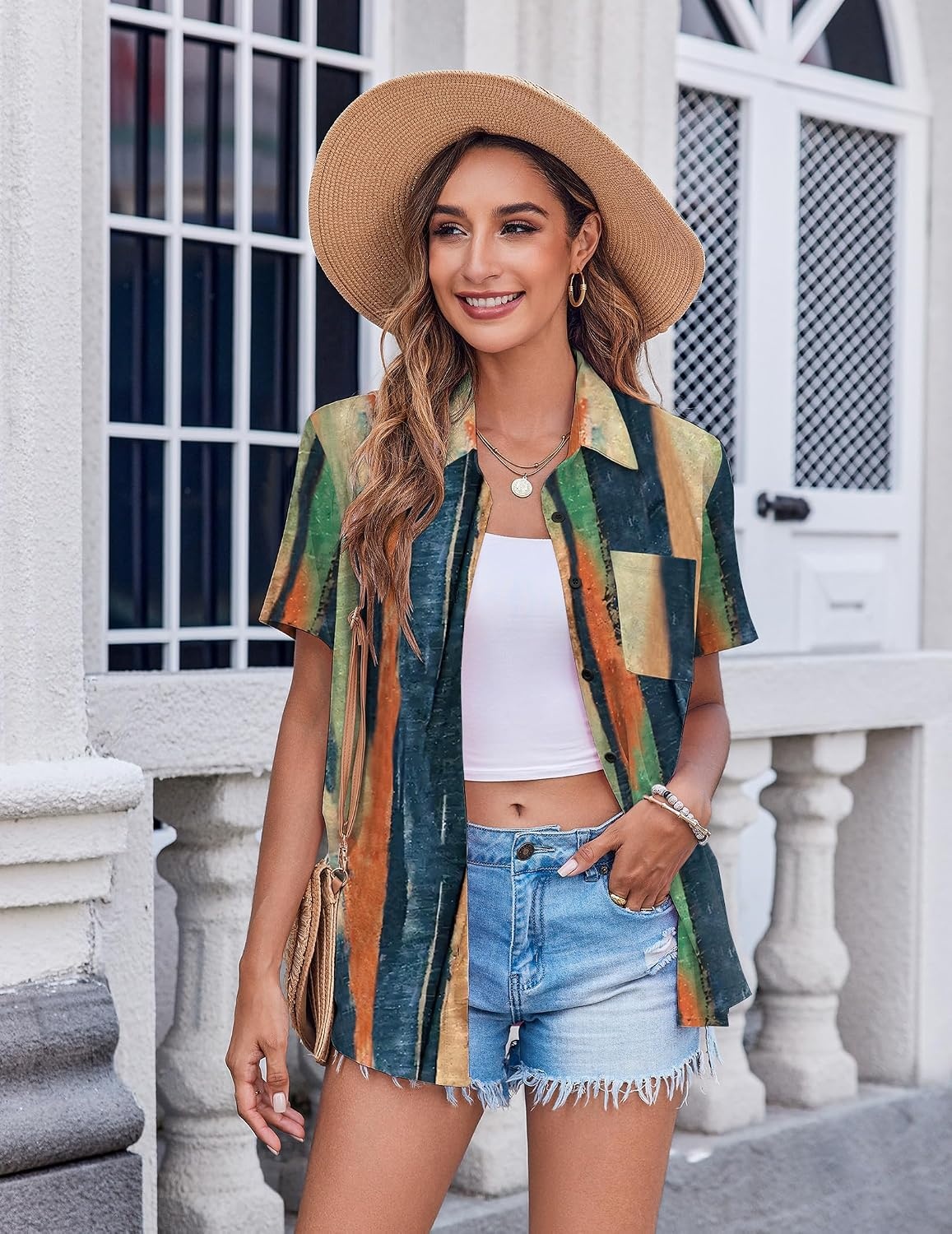image:imageZeagoo Womens Button Down Shirt Bust Pocket Short Sleeve Blouses Summer TopStripes Multicolor 289